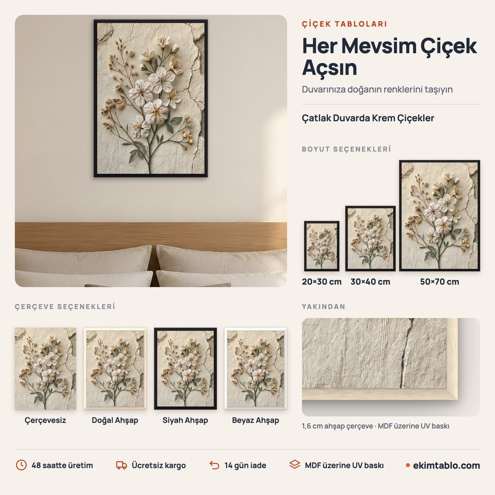 Çatlak Duvarda Krem Çiçekler — boyut ve çerçeve seçenekleri