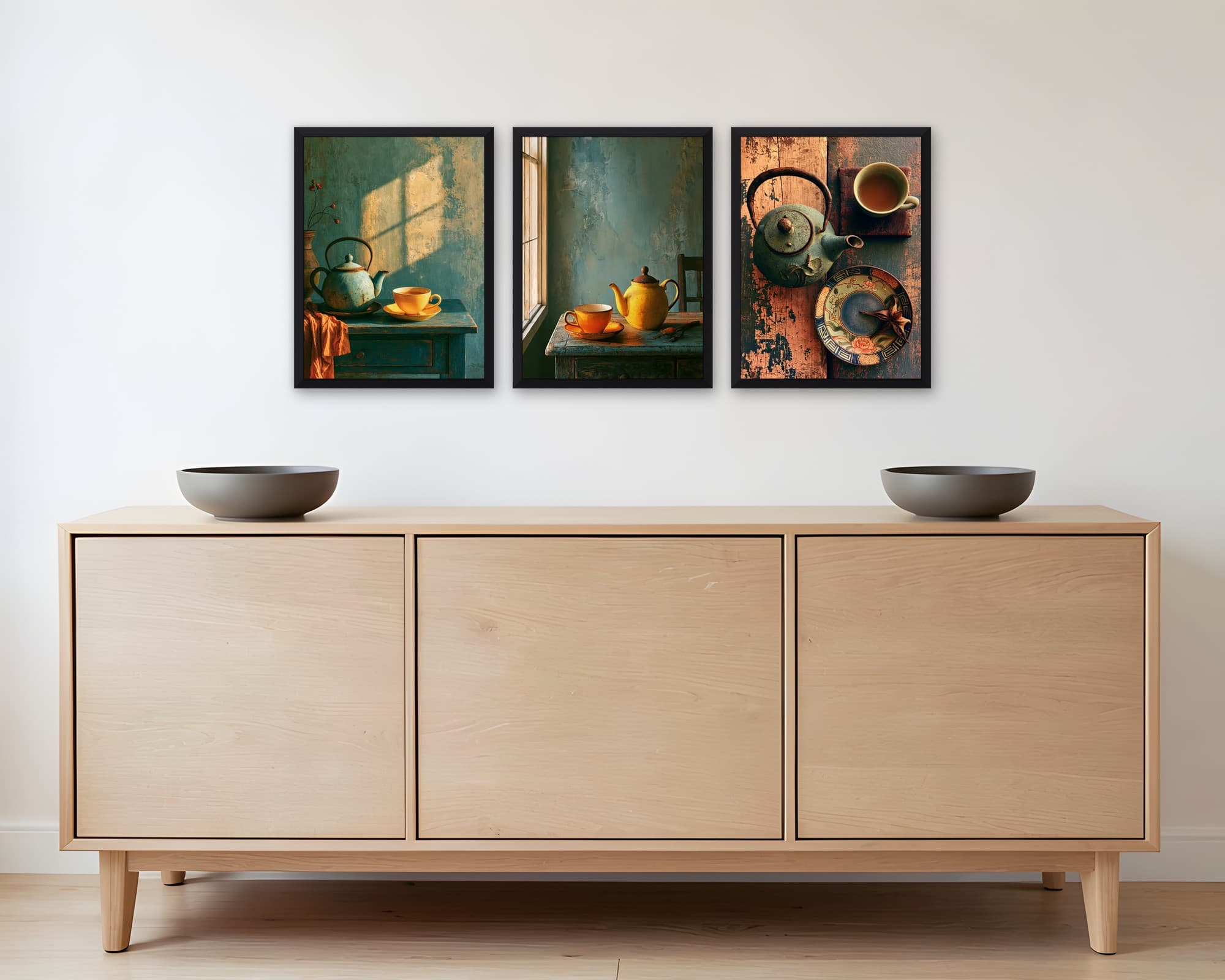Çay Keyfi 3'lü Set — Tablo Seti, duvarda oda görünümü