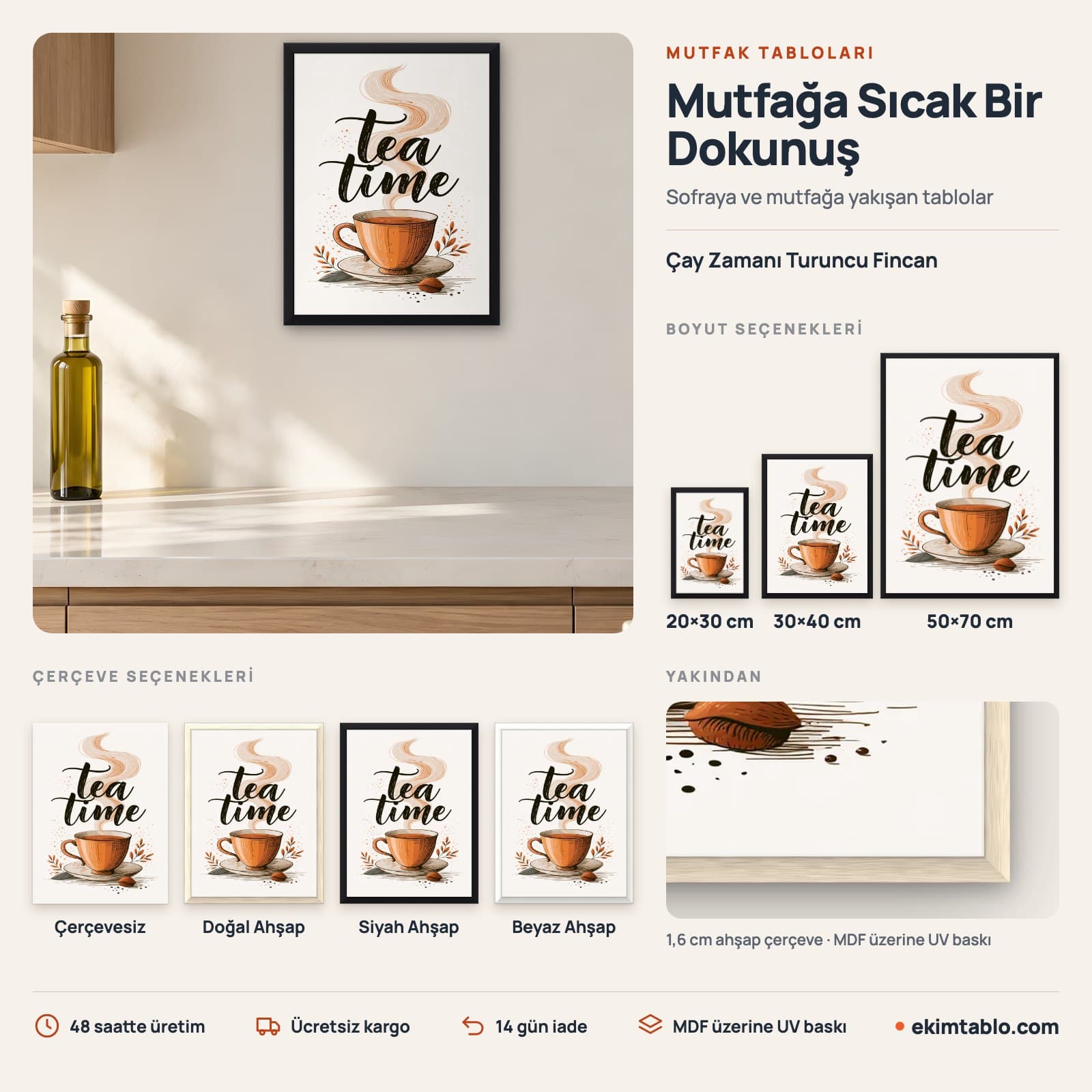 Çay Zamanı Turuncu Fincan — boyut ve çerçeve seçenekleri