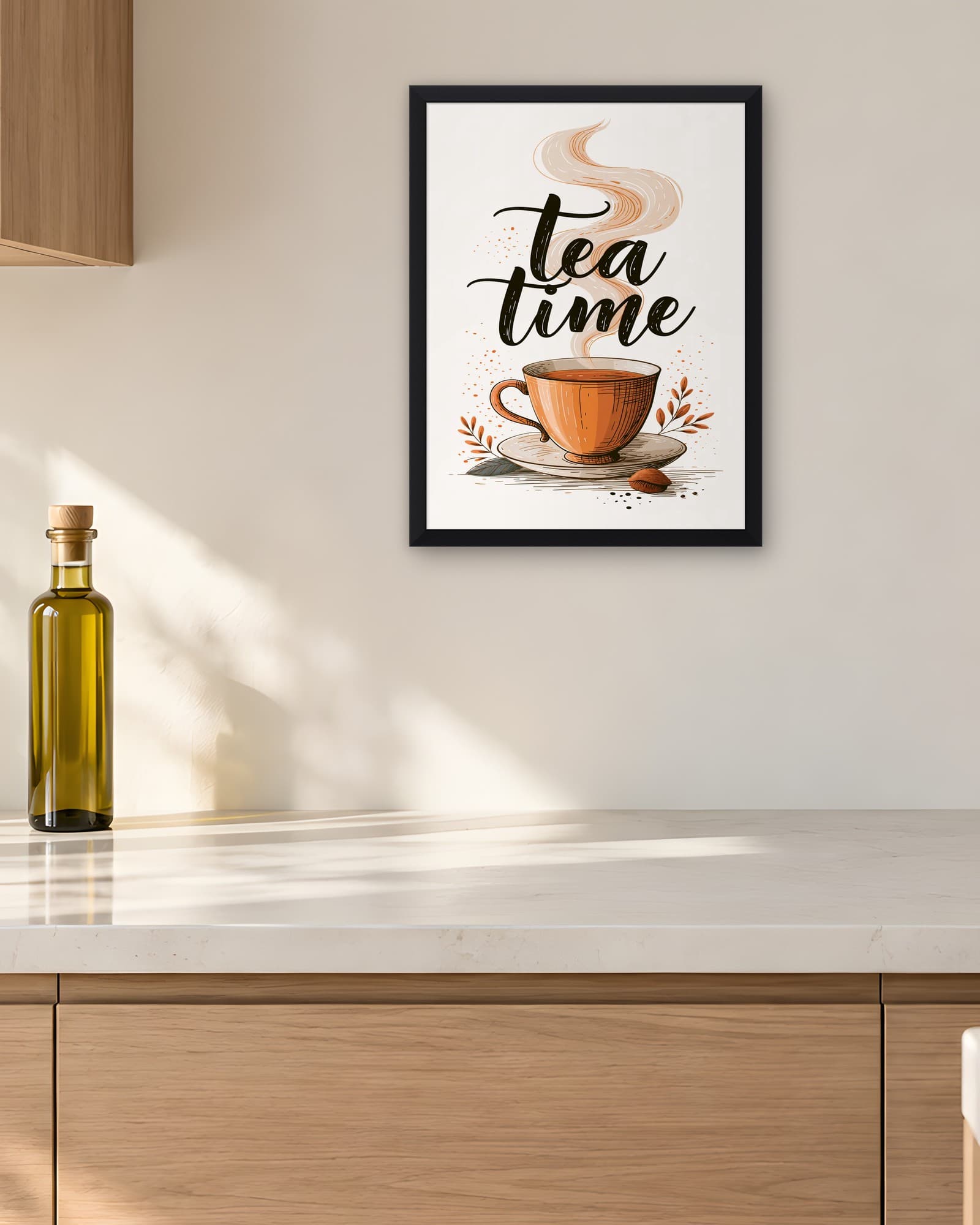 Çay Zamanı Turuncu Fincan — Mutfak Duvar Tablosu, duvarda oda görünümü