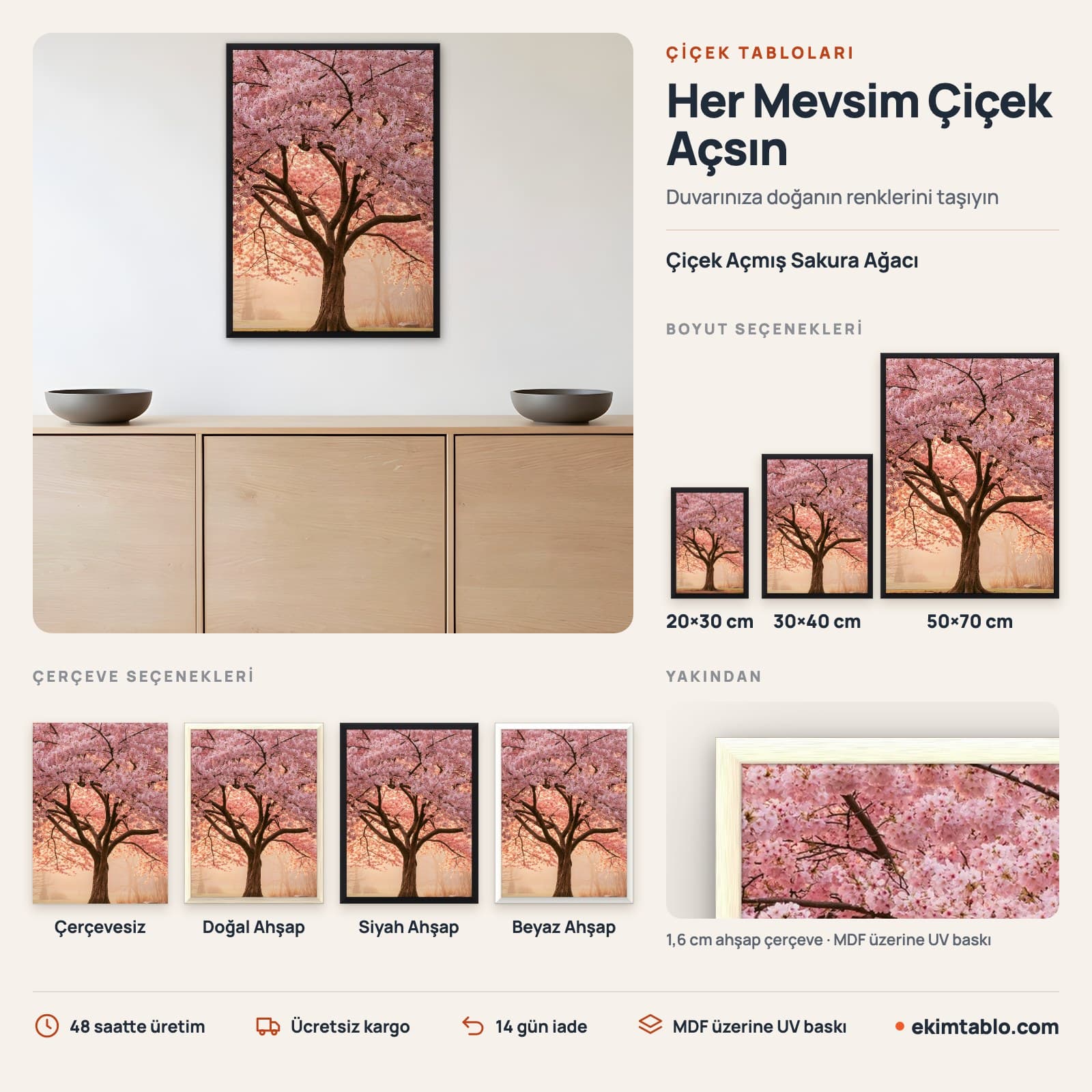 Çiçek Açmış Sakura Ağacı — boyut ve çerçeve seçenekleri