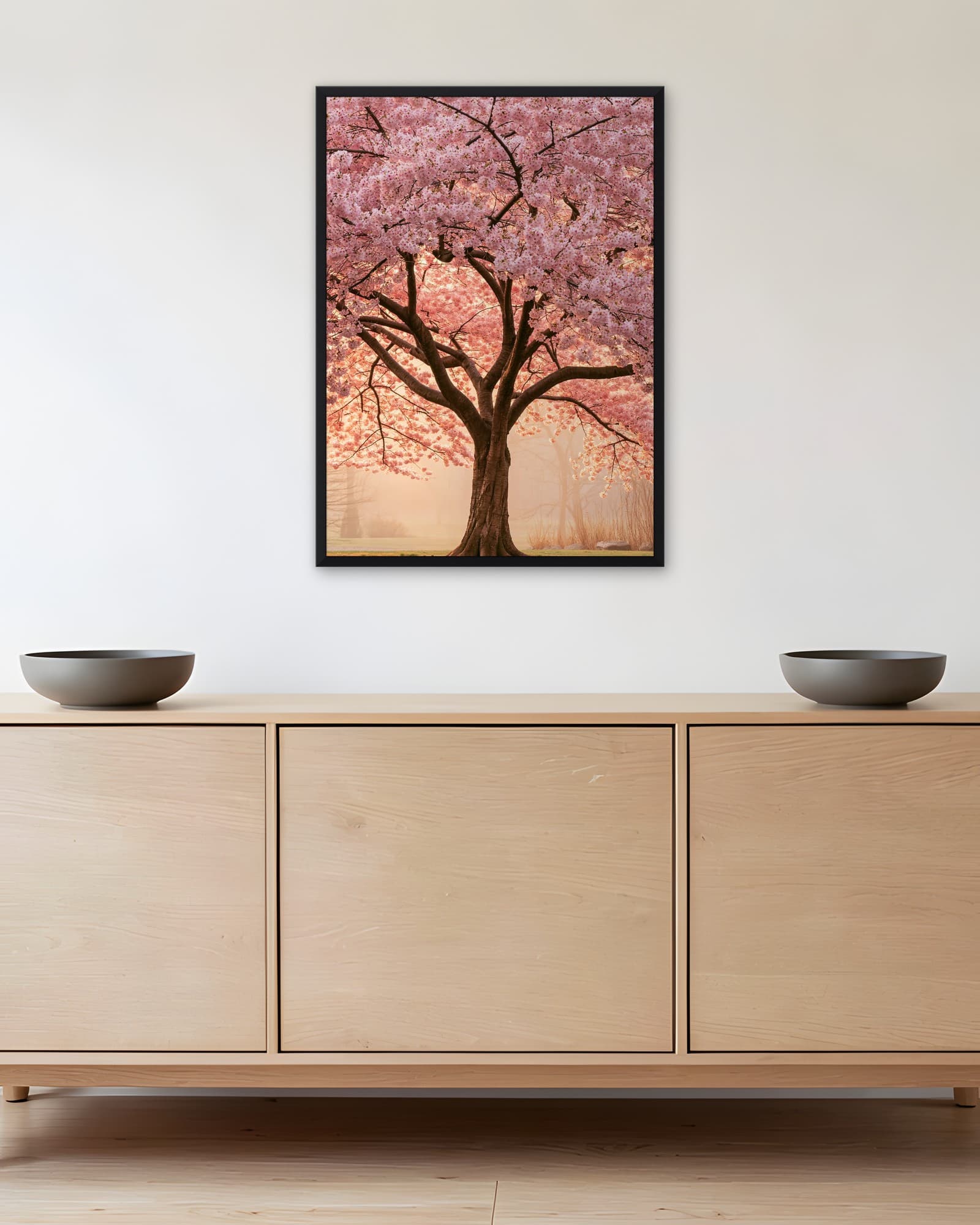 Çiçek Açmış Sakura Ağacı — Çiçek Duvar Tablosu, duvarda oda görünümü