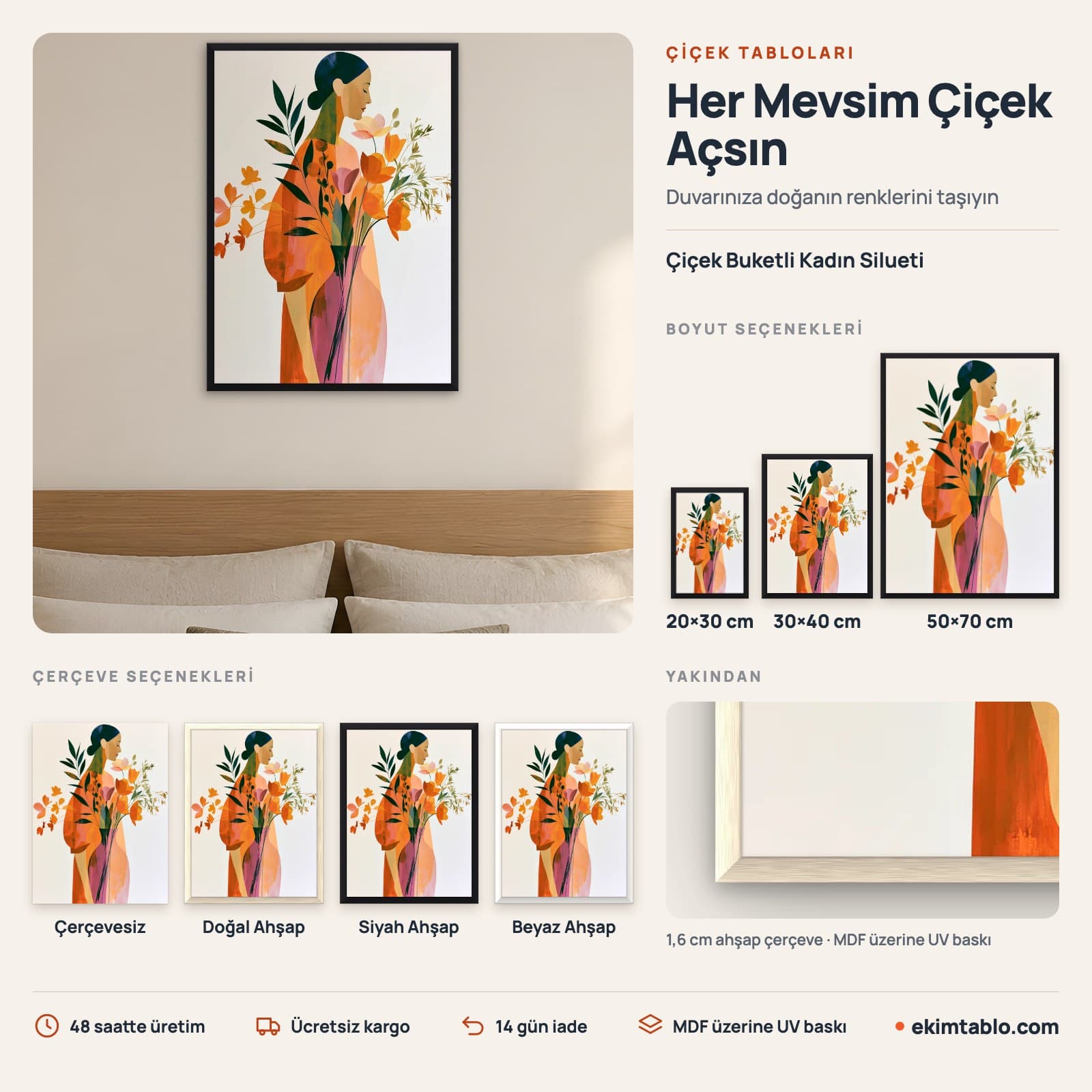 Çiçek Buketli Kadın Silueti — boyut ve çerçeve seçenekleri