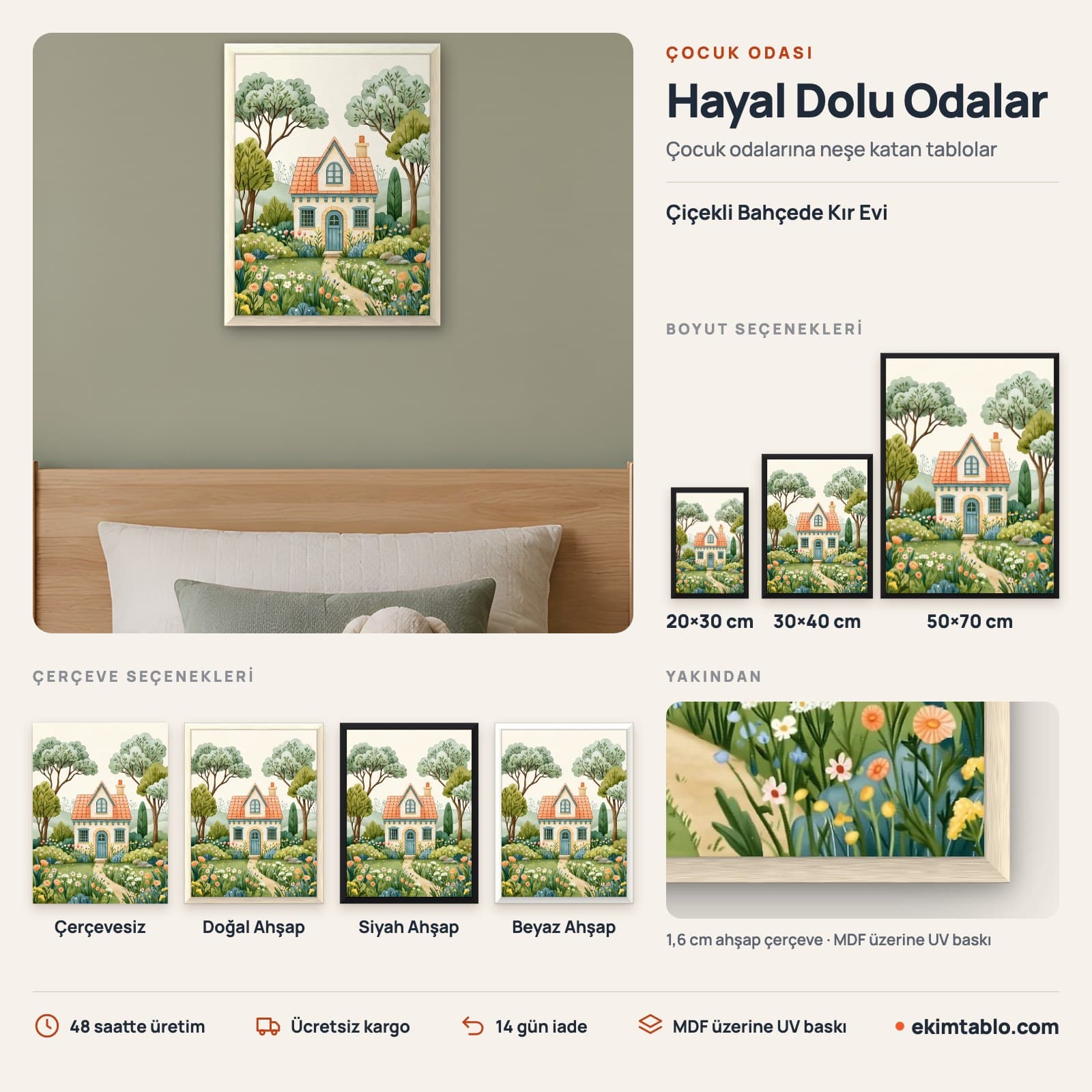 Çiçekli Bahçede Kır Evi — boyut ve çerçeve seçenekleri