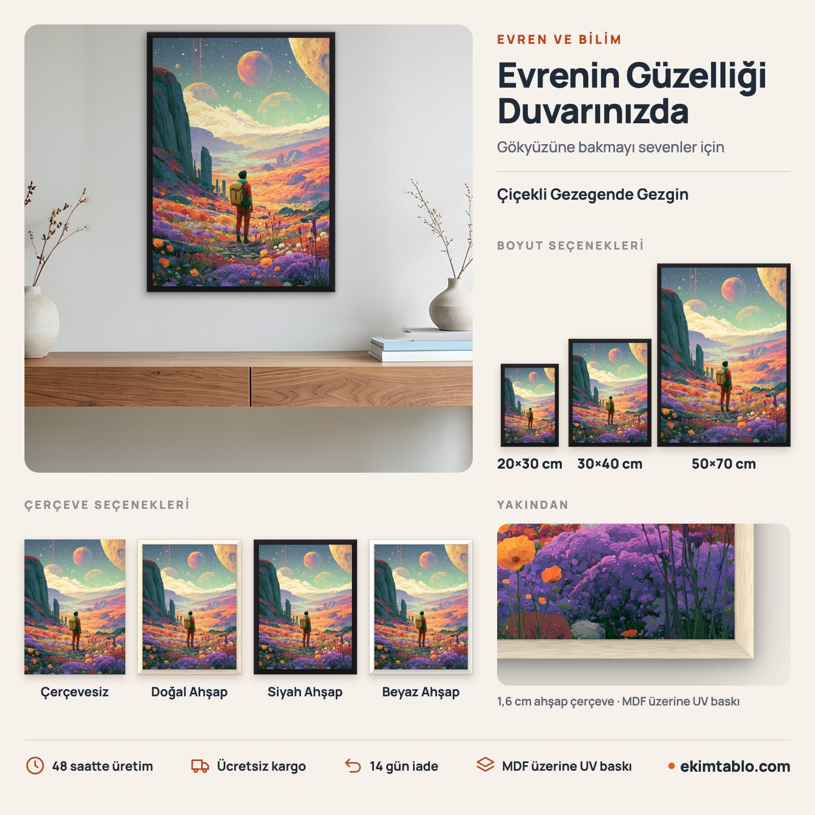 Çiçekli Gezegende Gezgin — boyut ve çerçeve seçenekleri