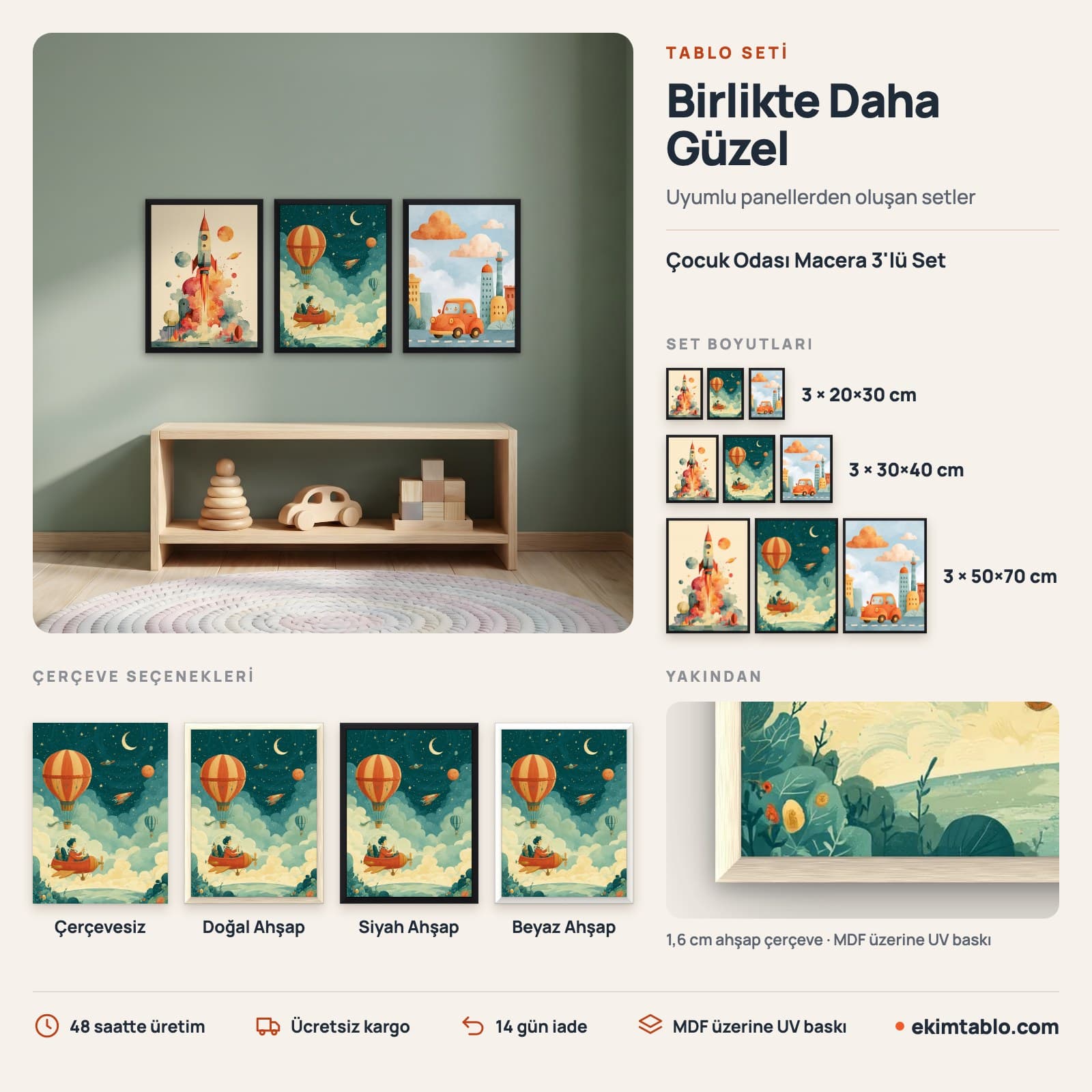 Çocuk Odası Macera 3'lü Set — boyut ve çerçeve seçenekleri