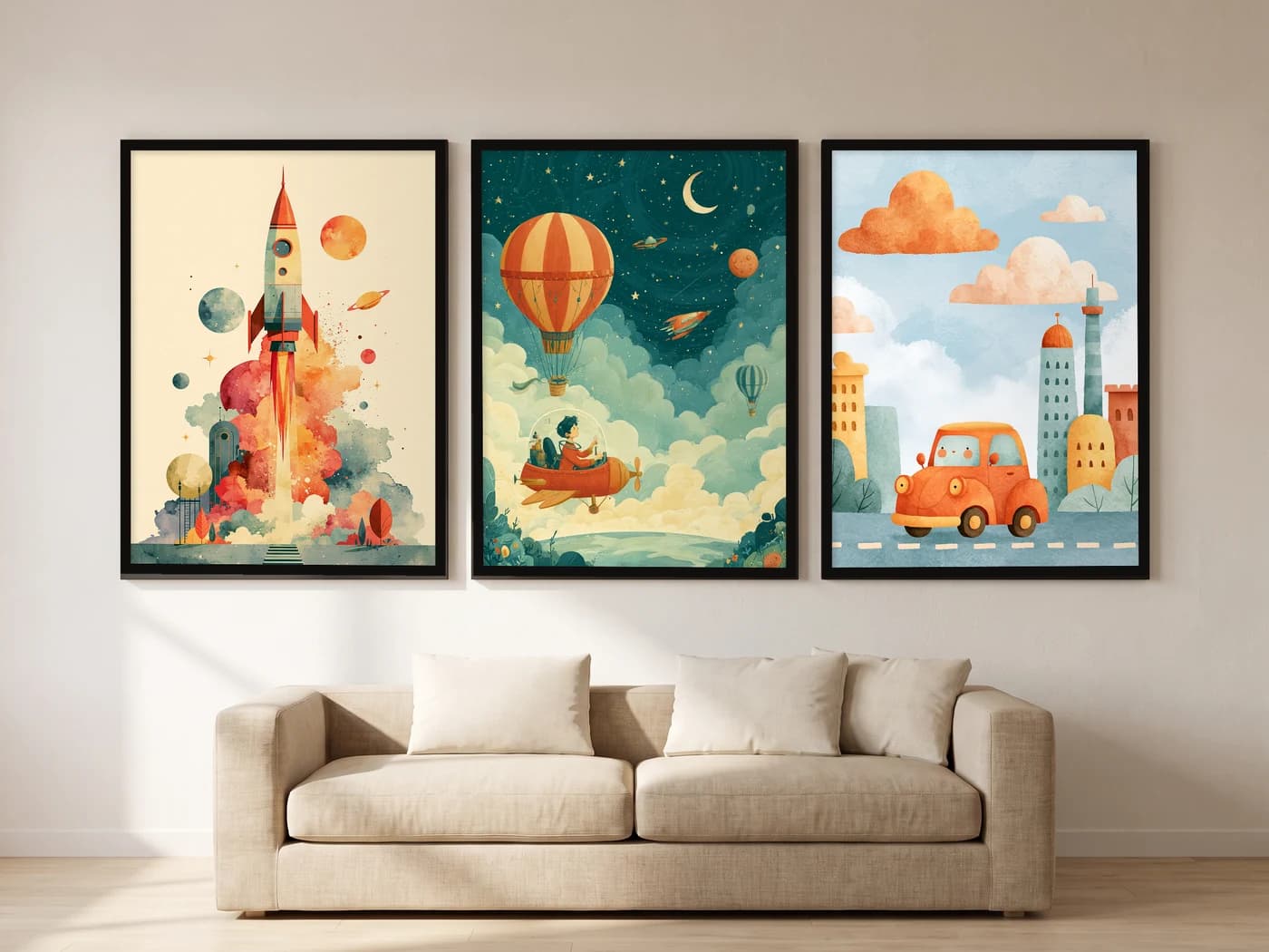 Çocuk Odası Macera 3'lü Set — Tablo Seti, duvarda oda görünümü