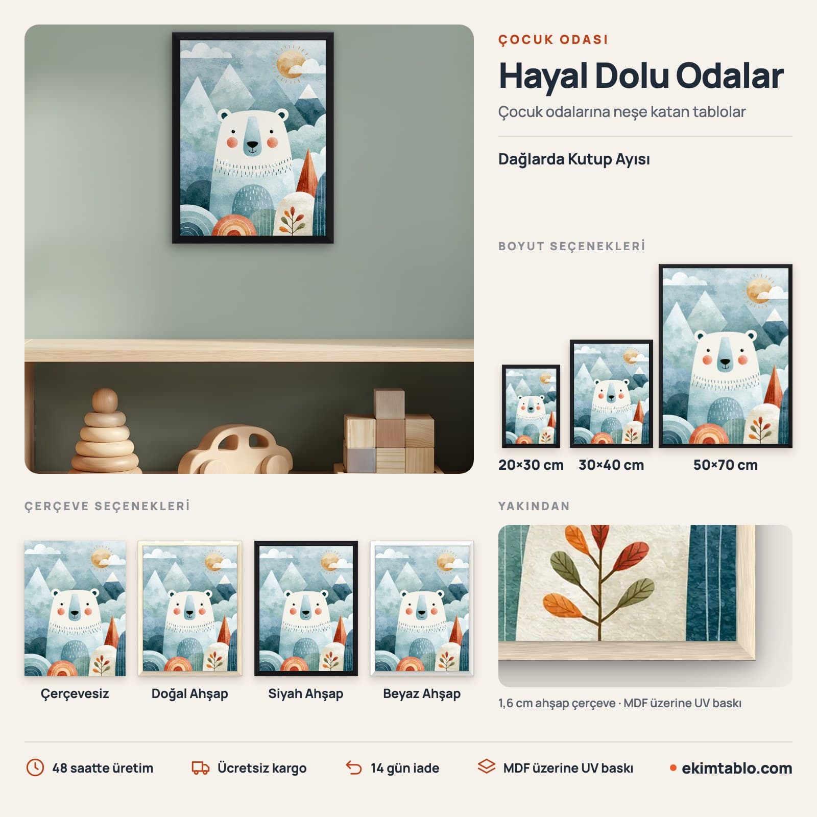 Dağlarda Kutup Ayısı — boyut ve çerçeve seçenekleri