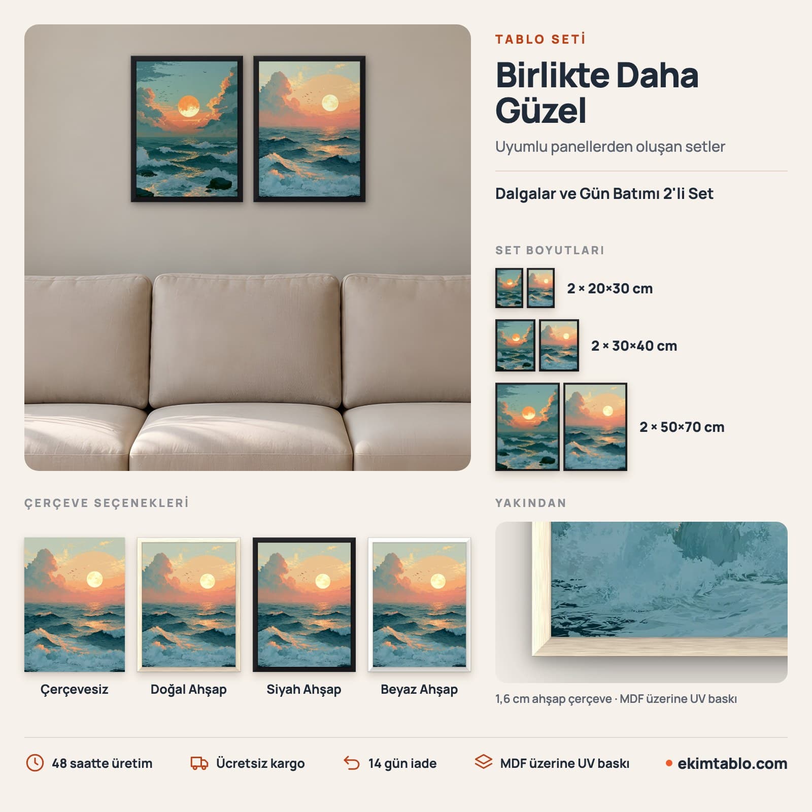 Dalgalar ve Gün Batımı 2'li Set — boyut ve çerçeve seçenekleri
