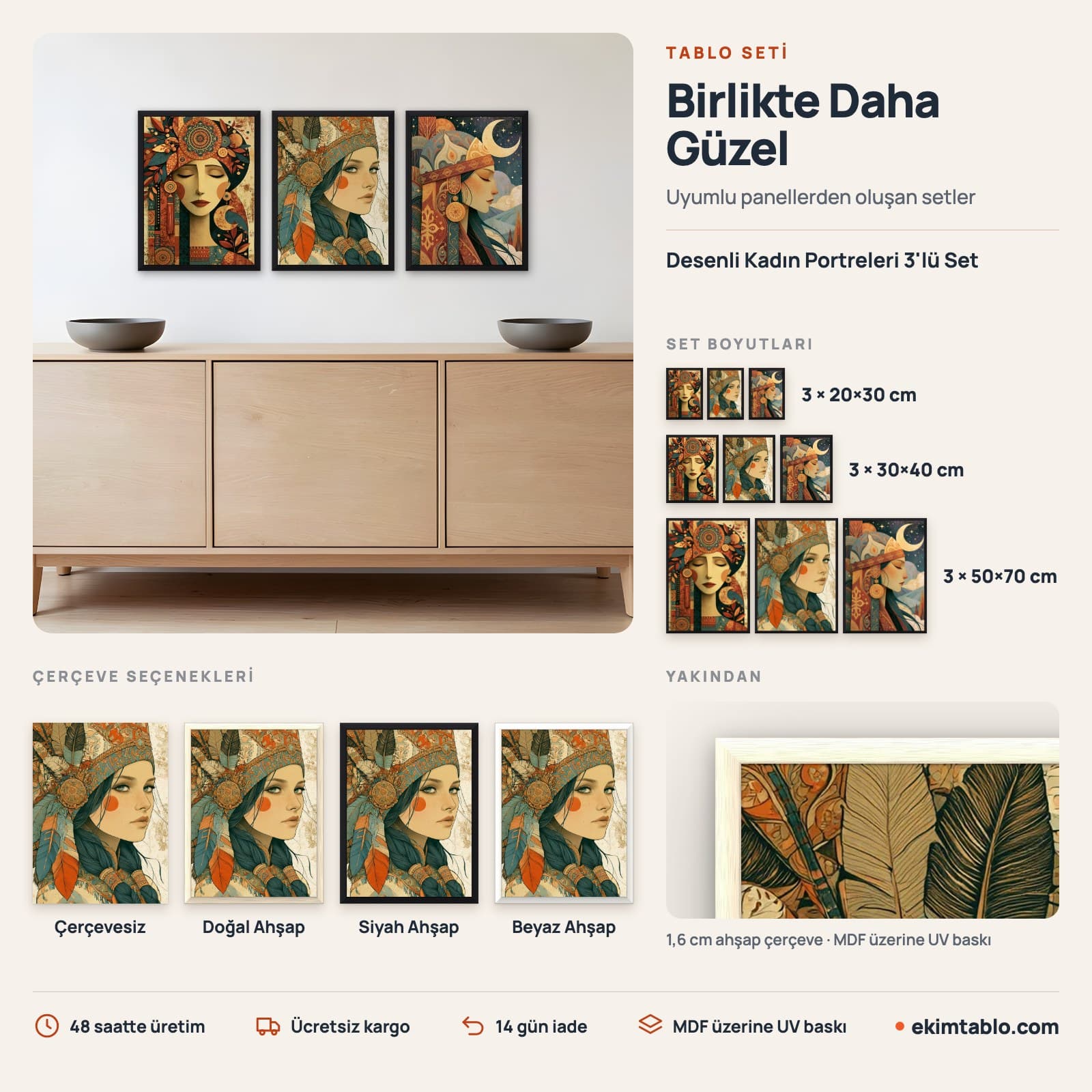 Desenli Kadın Portreleri 3'lü Set — boyut ve çerçeve seçenekleri