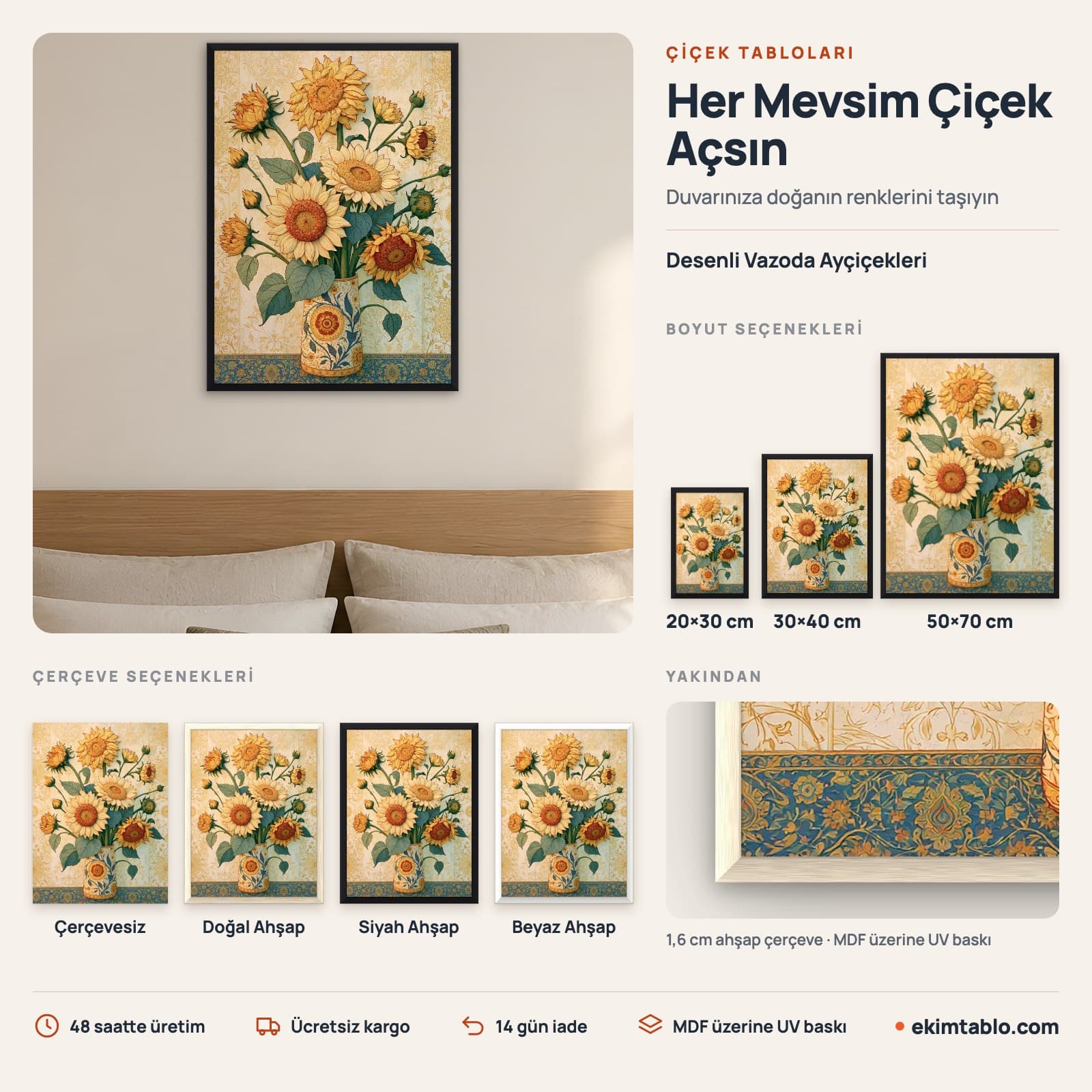Desenli Vazoda Ayçiçekleri — boyut ve çerçeve seçenekleri