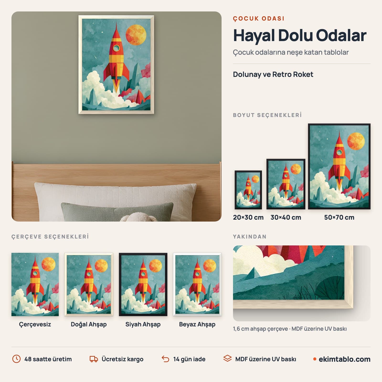 Dolunay ve Retro Roket — boyut ve çerçeve seçenekleri