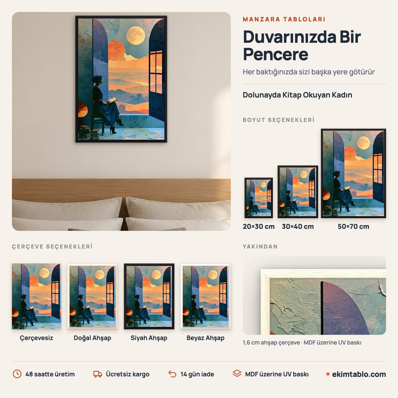 Dolunayda Kitap Okuyan Kadın — boyut ve çerçeve seçenekleri