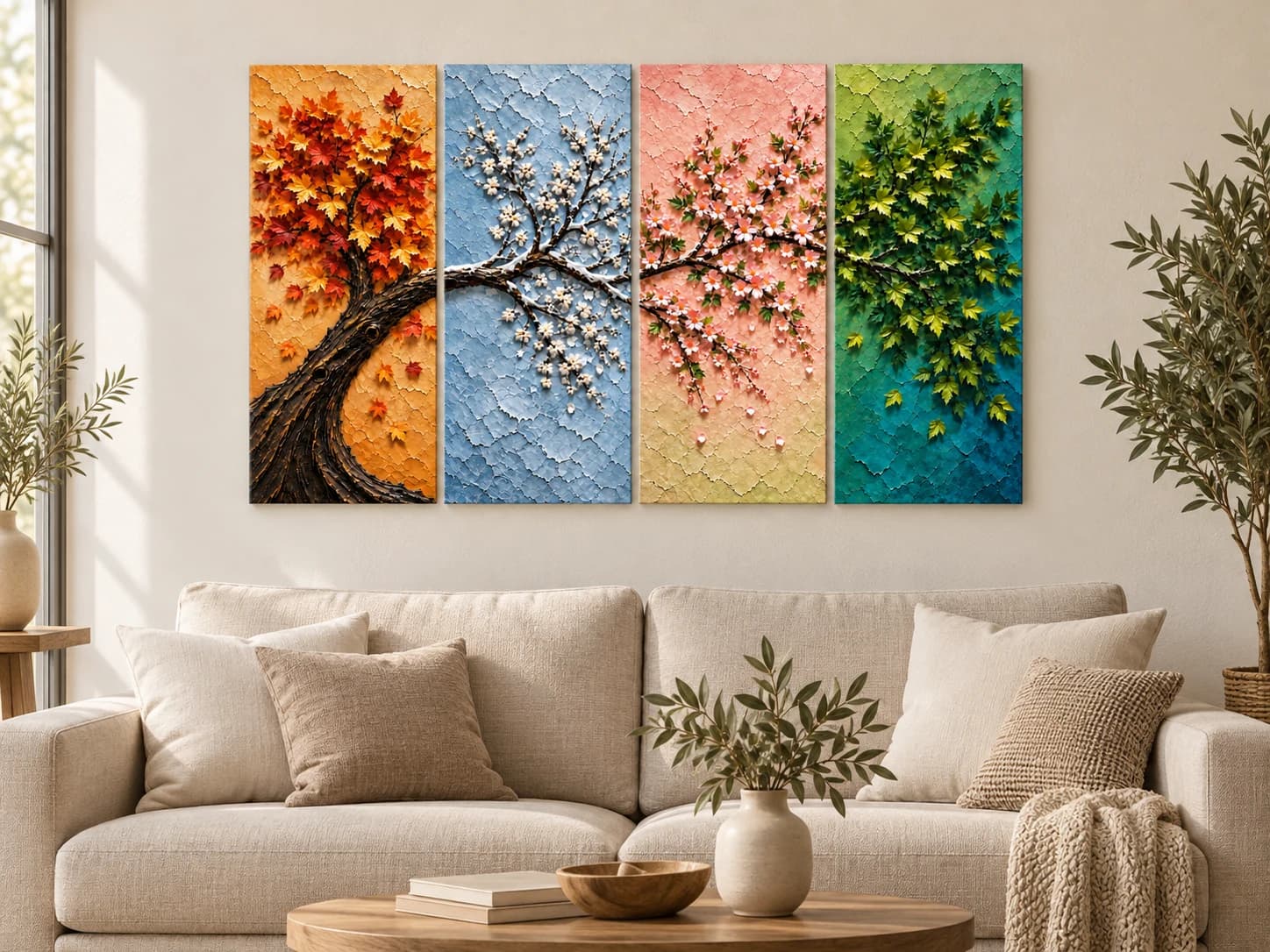 Dört Mevsim Ağacı — 4 Panel Set — Tablo Seti, duvarda oda görünümü