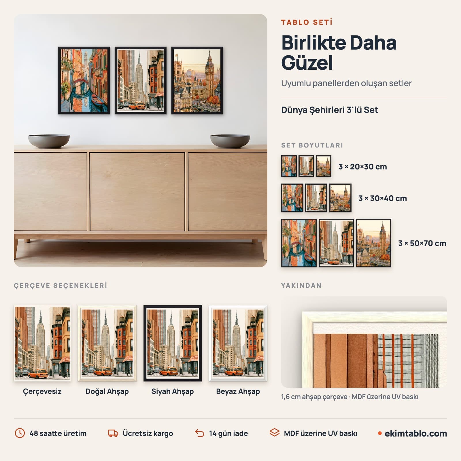 Dünya Şehirleri 3'lü Set — boyut ve çerçeve seçenekleri
