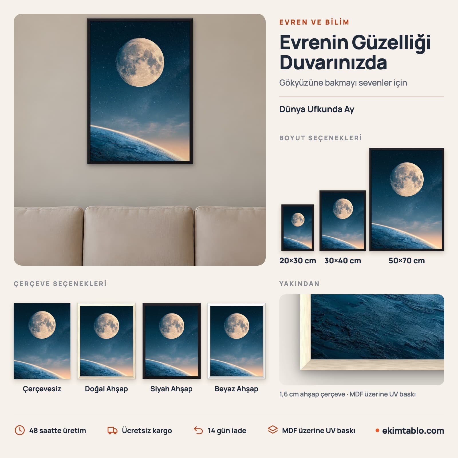 Dünya Ufkunda Ay — boyut ve çerçeve seçenekleri
