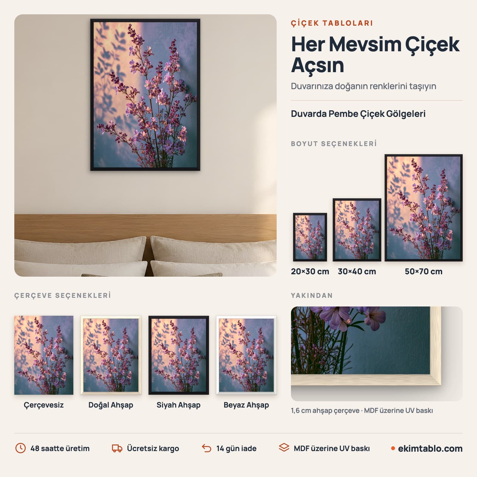 Duvarda Pembe Çiçek Gölgeleri — boyut ve çerçeve seçenekleri
