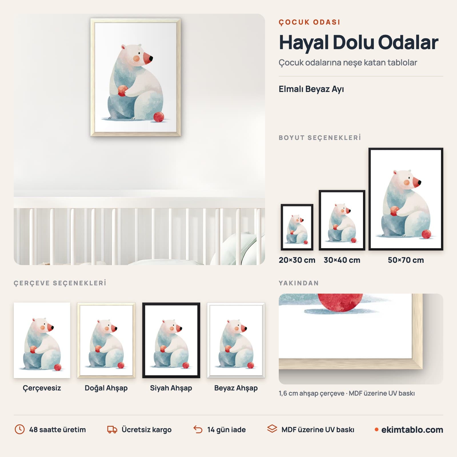 Elmalı Beyaz Ayı — boyut ve çerçeve seçenekleri