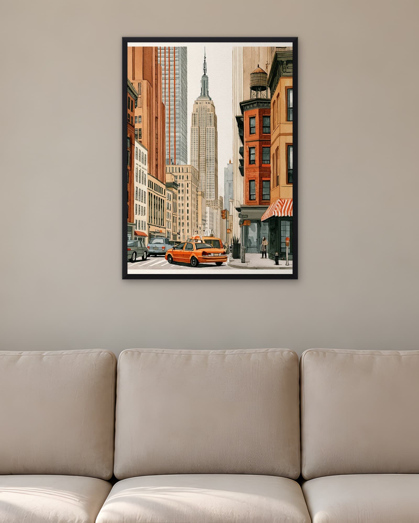 Empire State ve Sarı Taksi — Şehir Duvar Tablosu, duvarda oda görünümü