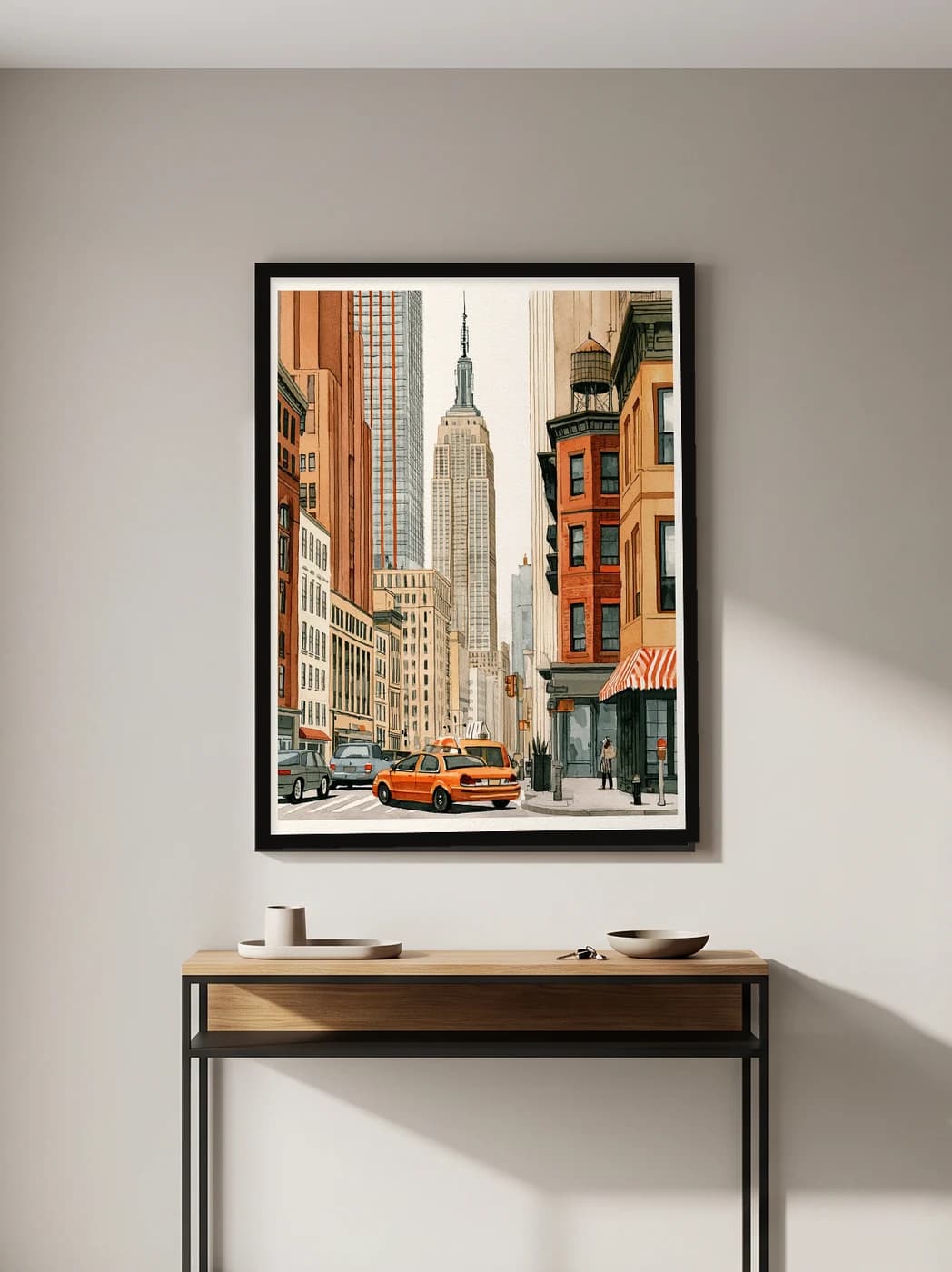 Empire State ve Sarı Taksi — Şehir Duvar Tablosu, duvarda oda görünümü