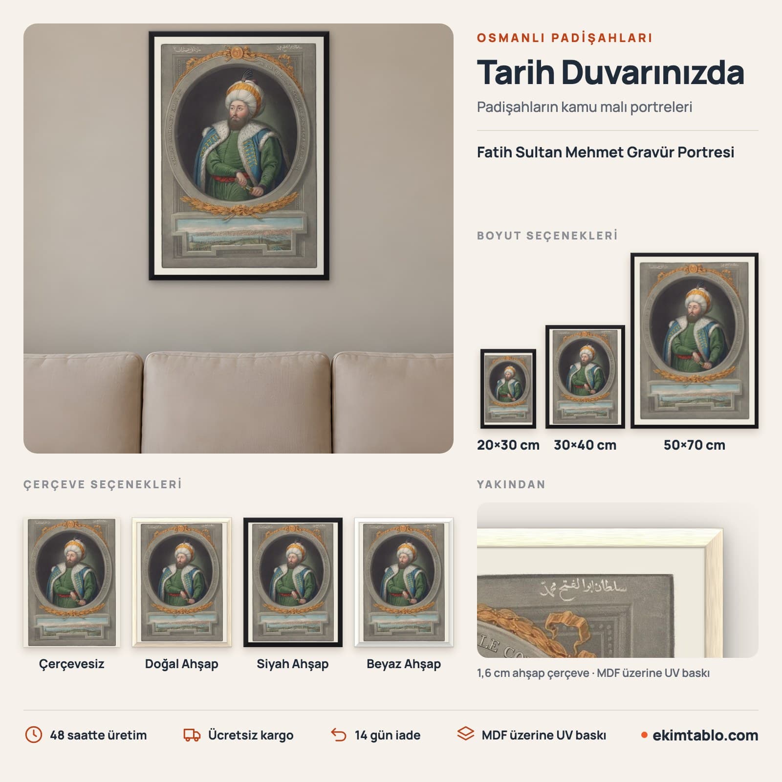 Fatih Sultan Mehmet Gravür Portresi — boyut ve çerçeve seçenekleri
