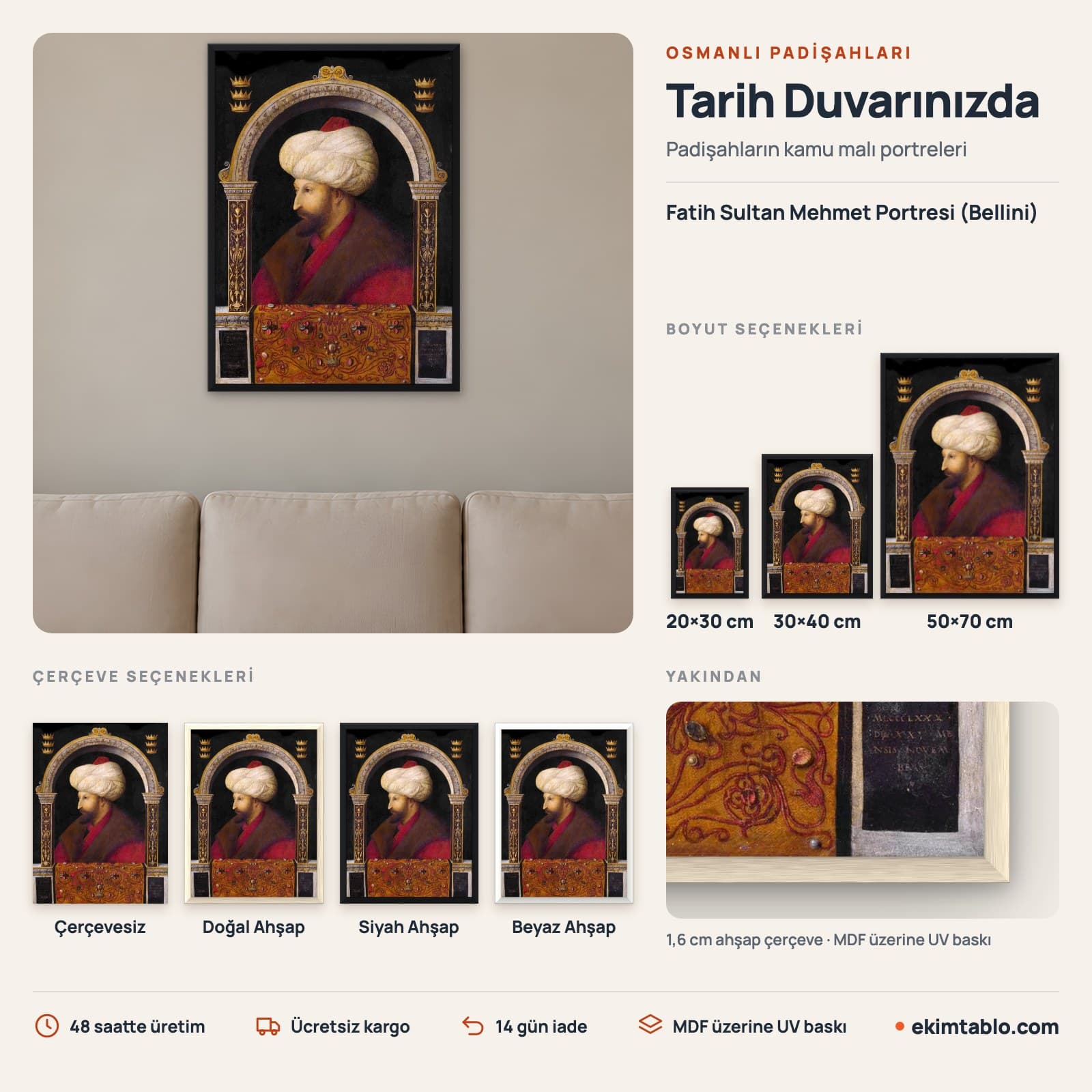 Fatih Sultan Mehmet Portresi (Bellini) — boyut ve çerçeve seçenekleri