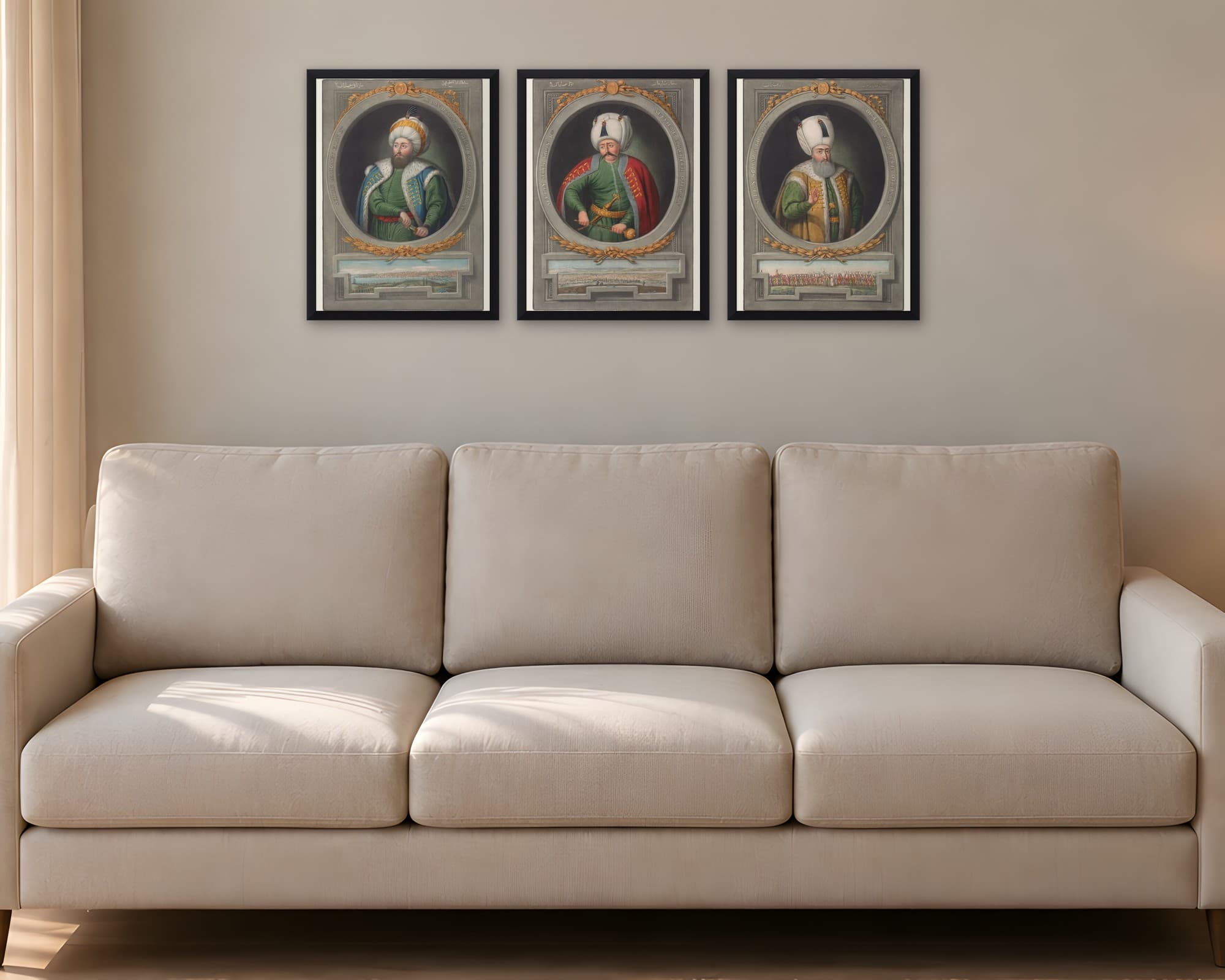 Fatih, Yavuz ve Kanuni 3'lü Set — Tablo Seti, duvarda oda görünümü