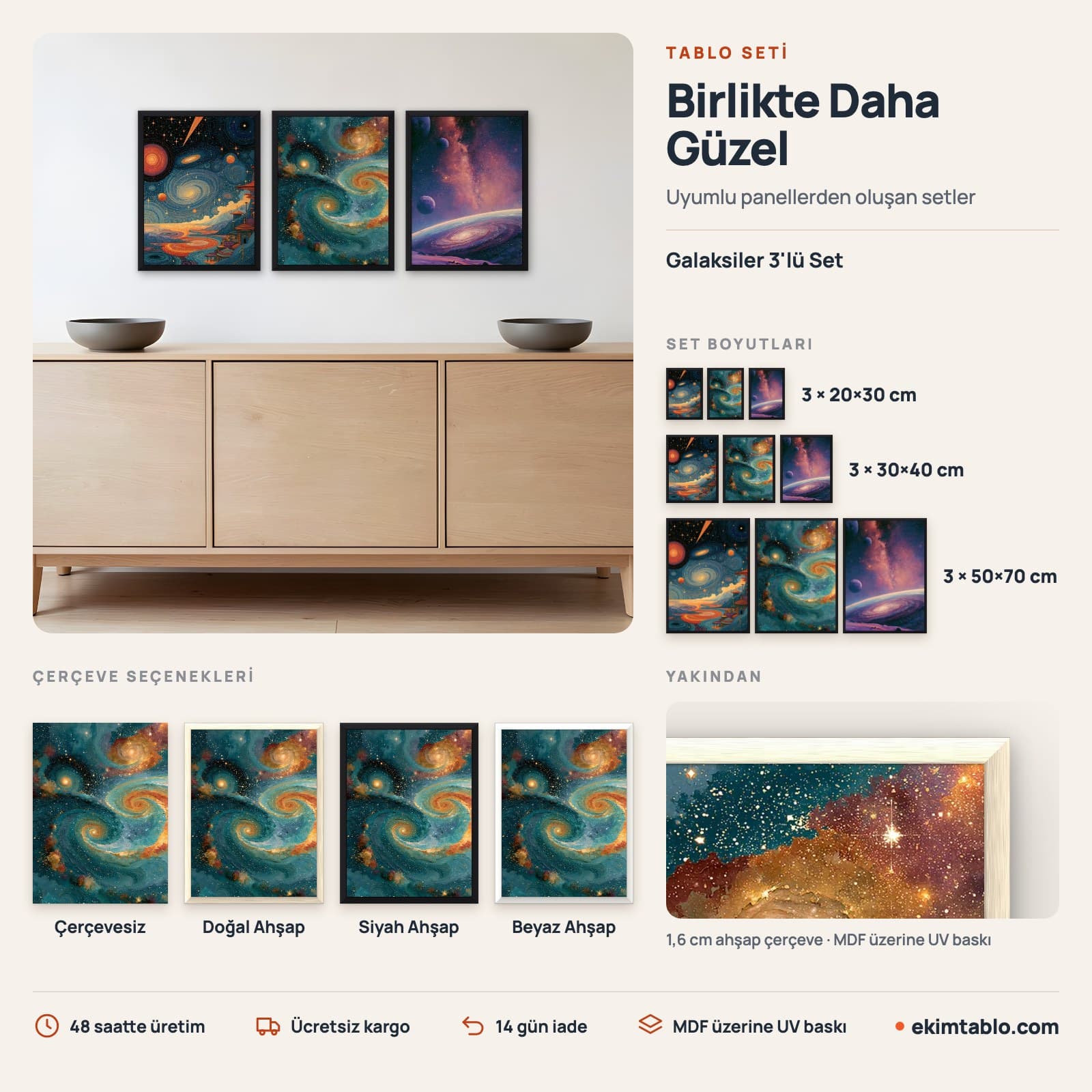 Galaksiler 3'lü Set — boyut ve çerçeve seçenekleri