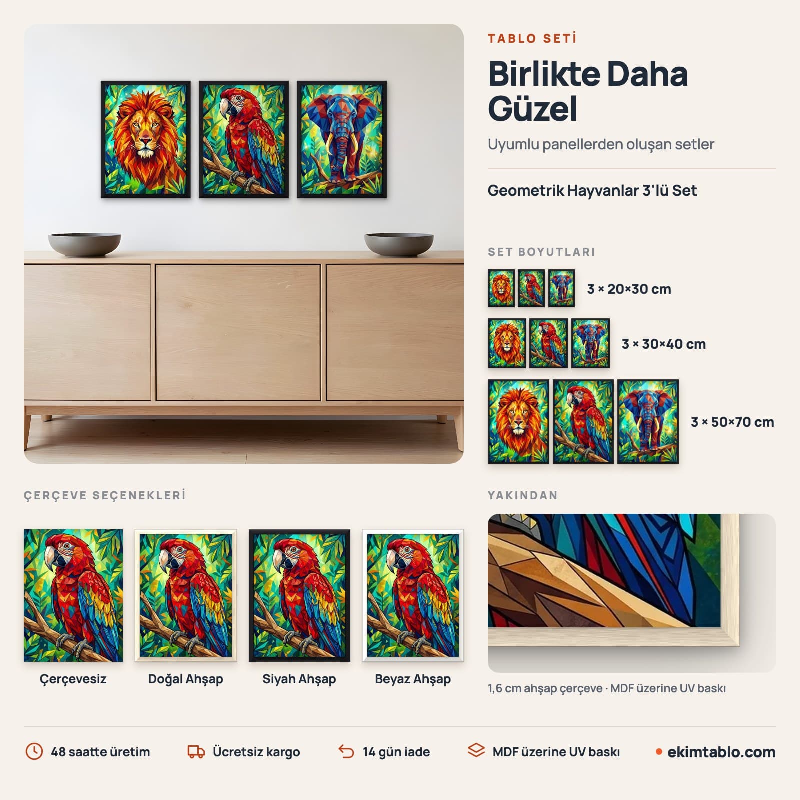Geometrik Hayvanlar 3'lü Set — boyut ve çerçeve seçenekleri