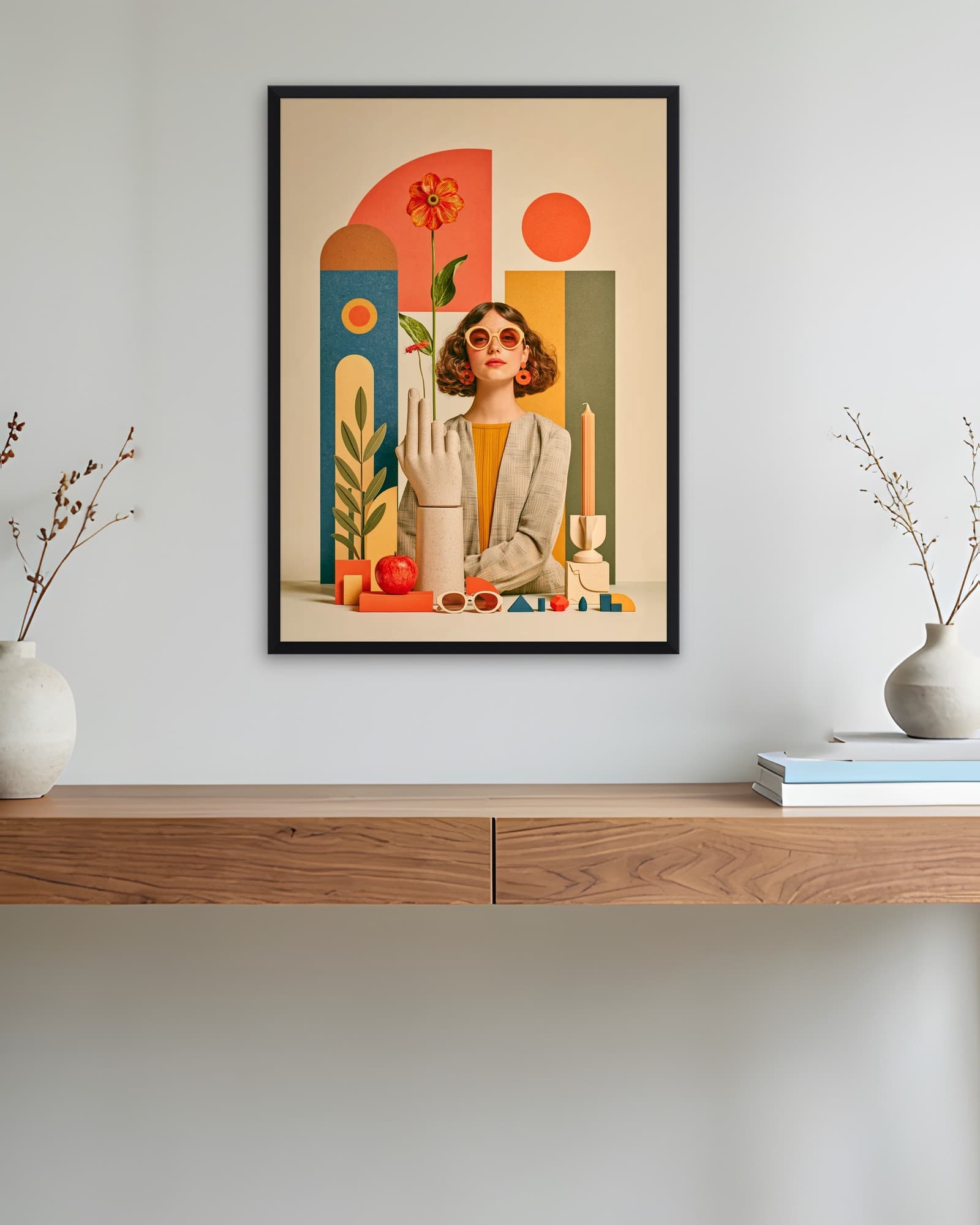 Geometrik Sahnede Portre — Modern Sanat Duvar Tablosu, duvarda oda görünümü