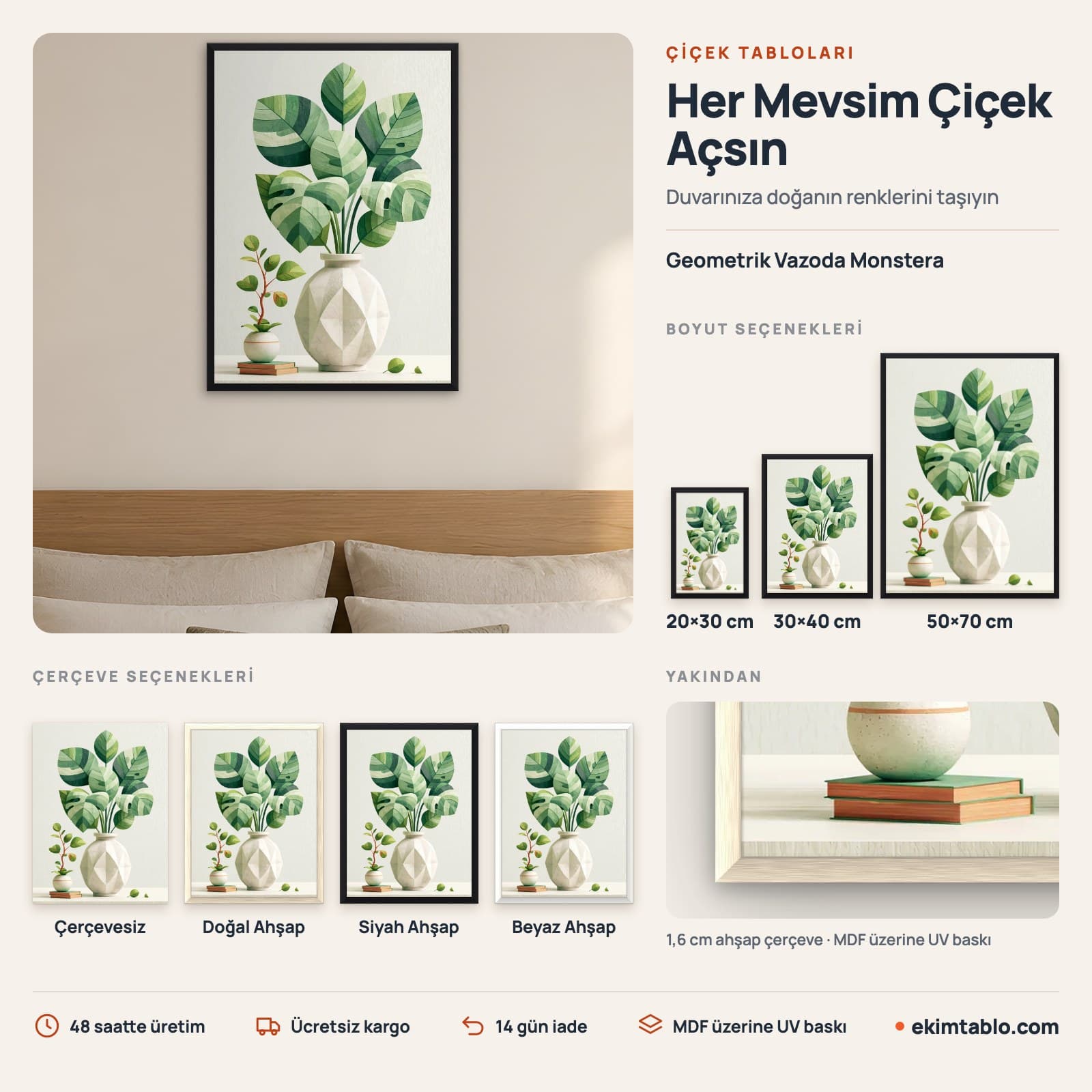 Geometrik Vazoda Monstera — boyut ve çerçeve seçenekleri
