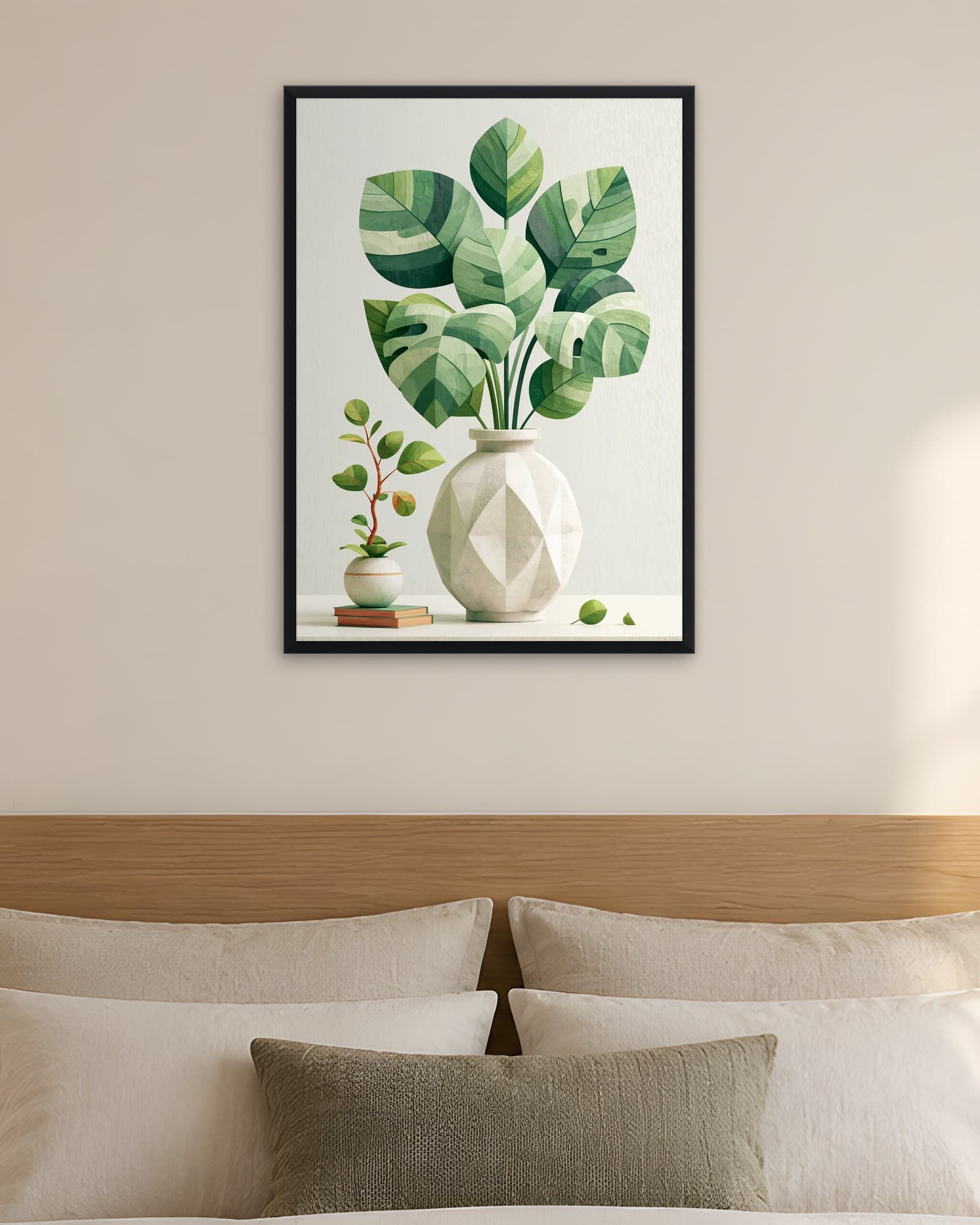 Geometrik Vazoda Monstera — Soyut Çiçek Duvar Tablosu, duvarda oda görünümü