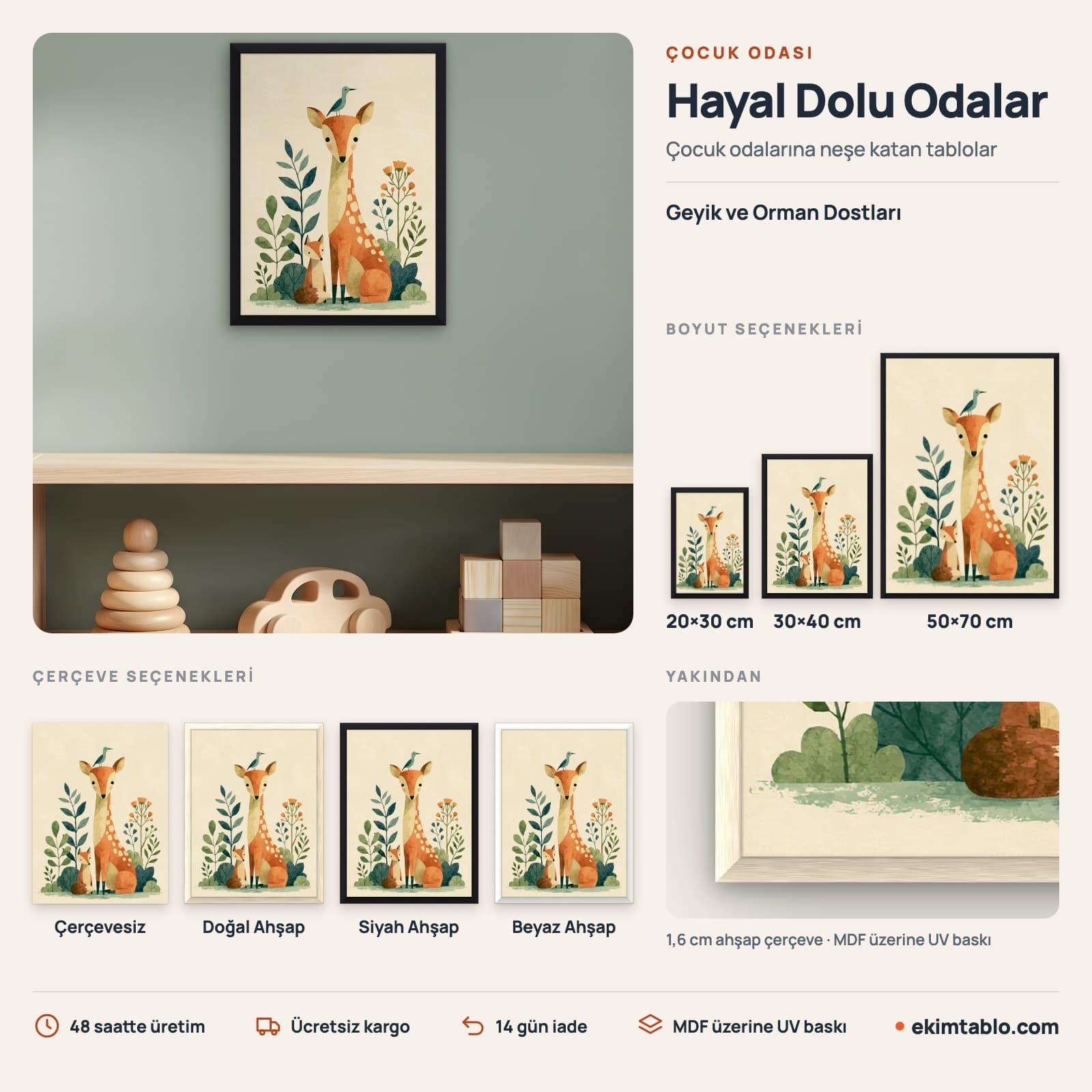 Geyik ve Orman Dostları — boyut ve çerçeve seçenekleri