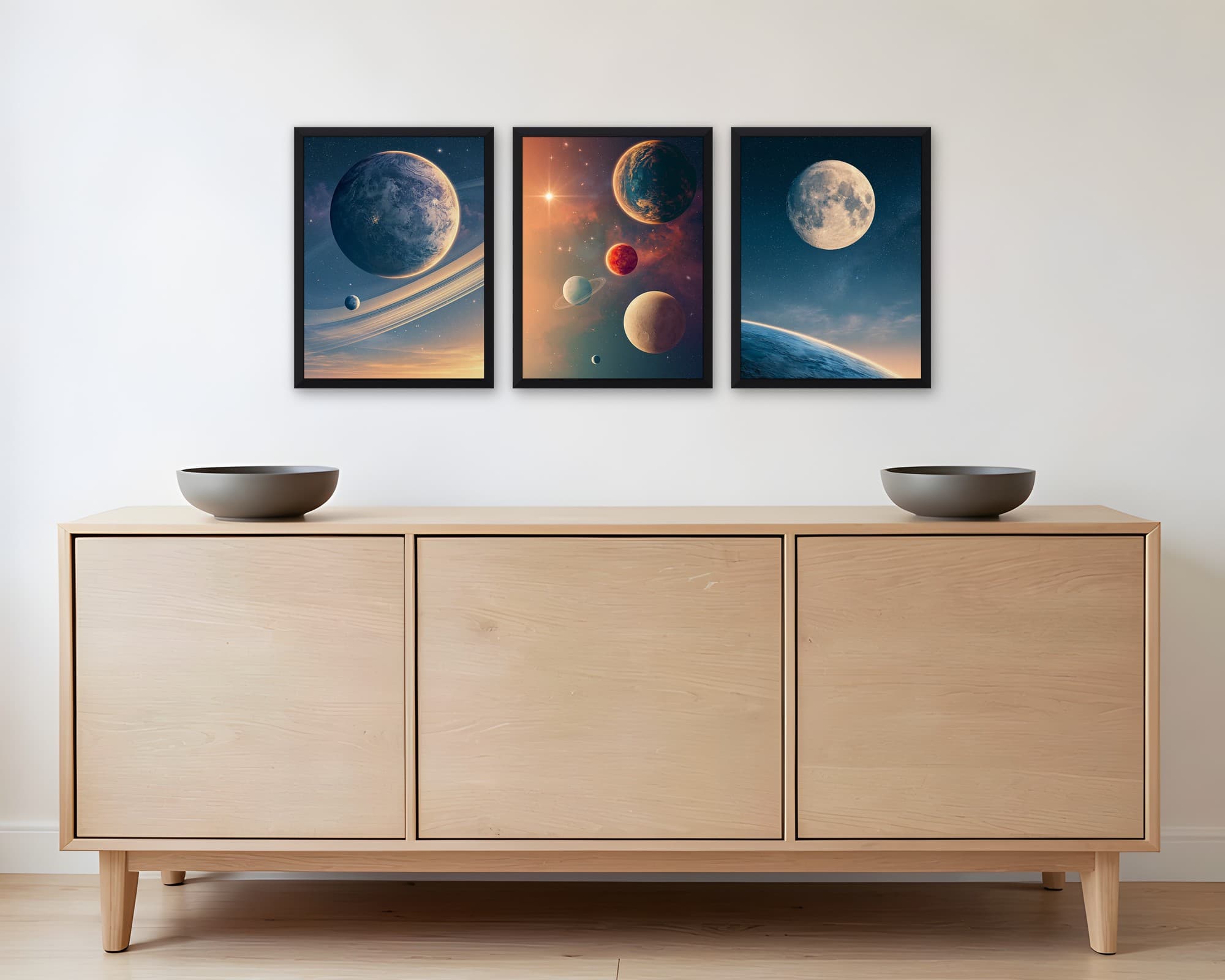 Gezegenler 3'lü Set — Tablo Seti, duvarda oda görünümü