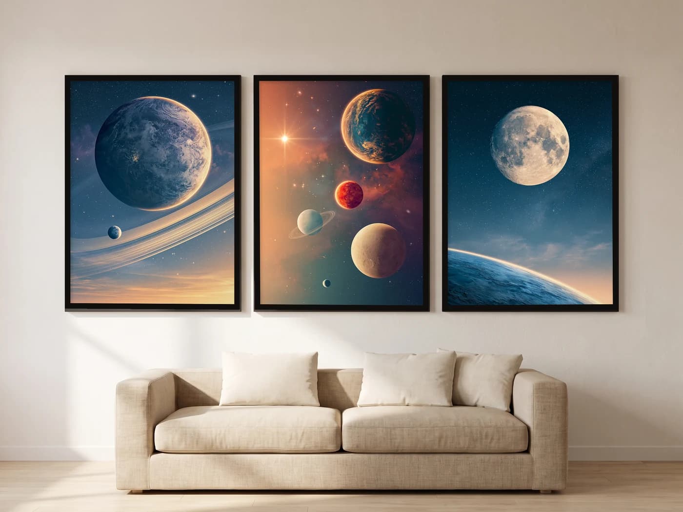 Gezegenler 3'lü Set — duvarda oda görünümü