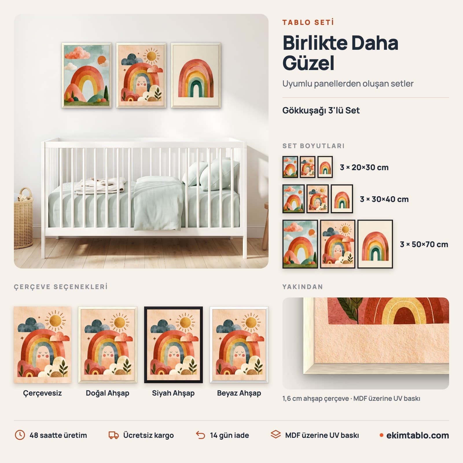 Gökkuşağı 3'lü Set — boyut ve çerçeve seçenekleri