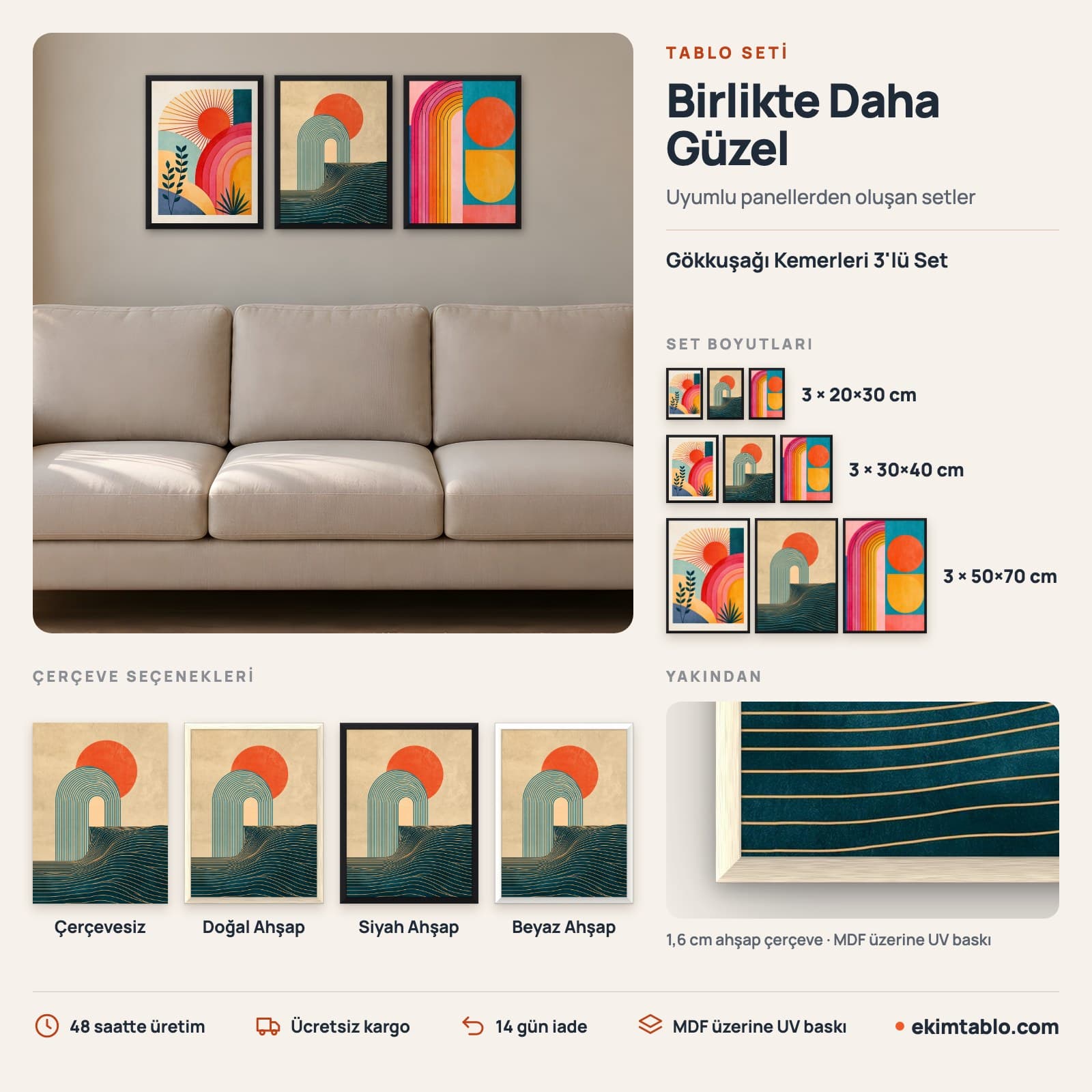 Gökkuşağı Kemerleri 3'lü Set — boyut ve çerçeve seçenekleri