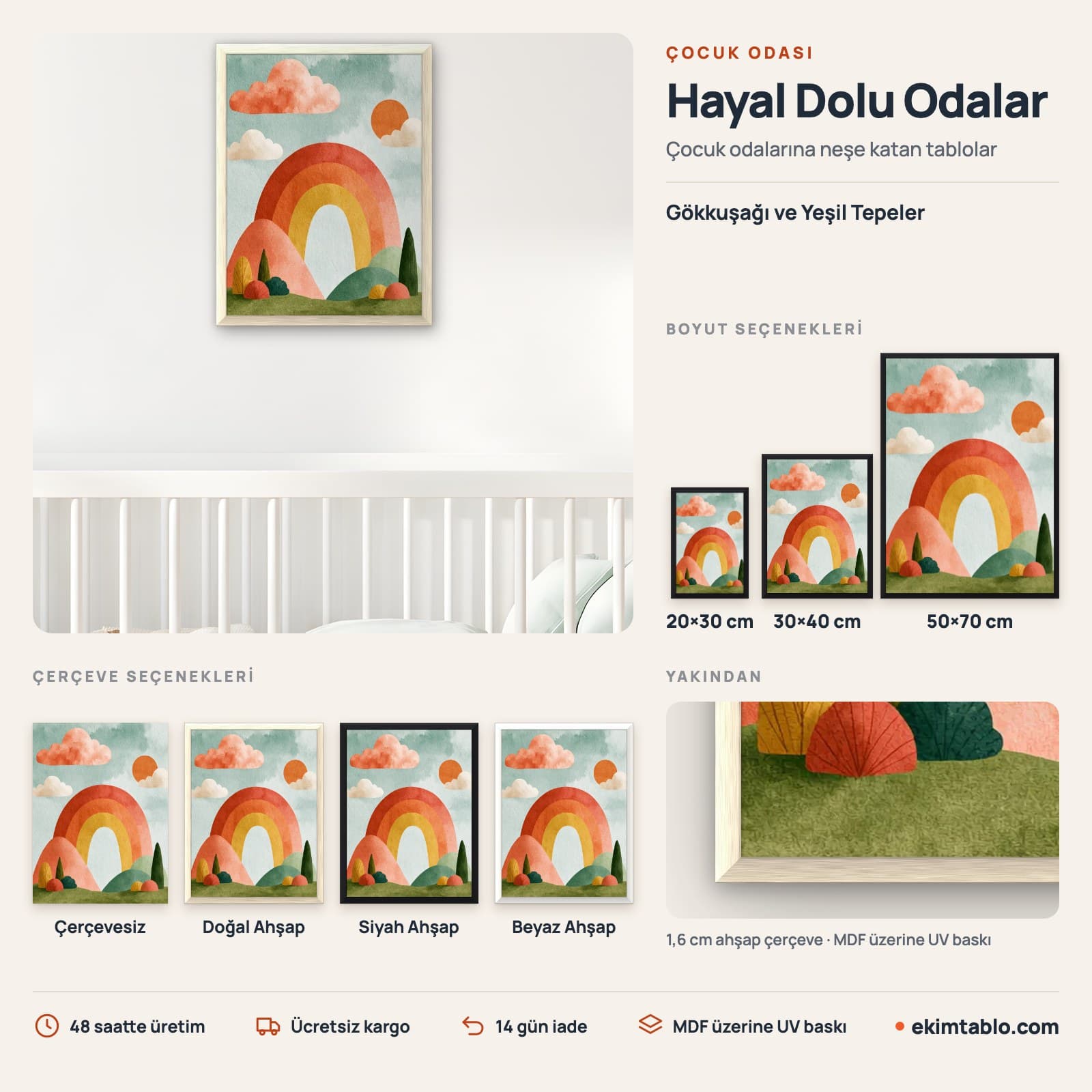 Gökkuşağı ve Yeşil Tepeler — boyut ve çerçeve seçenekleri