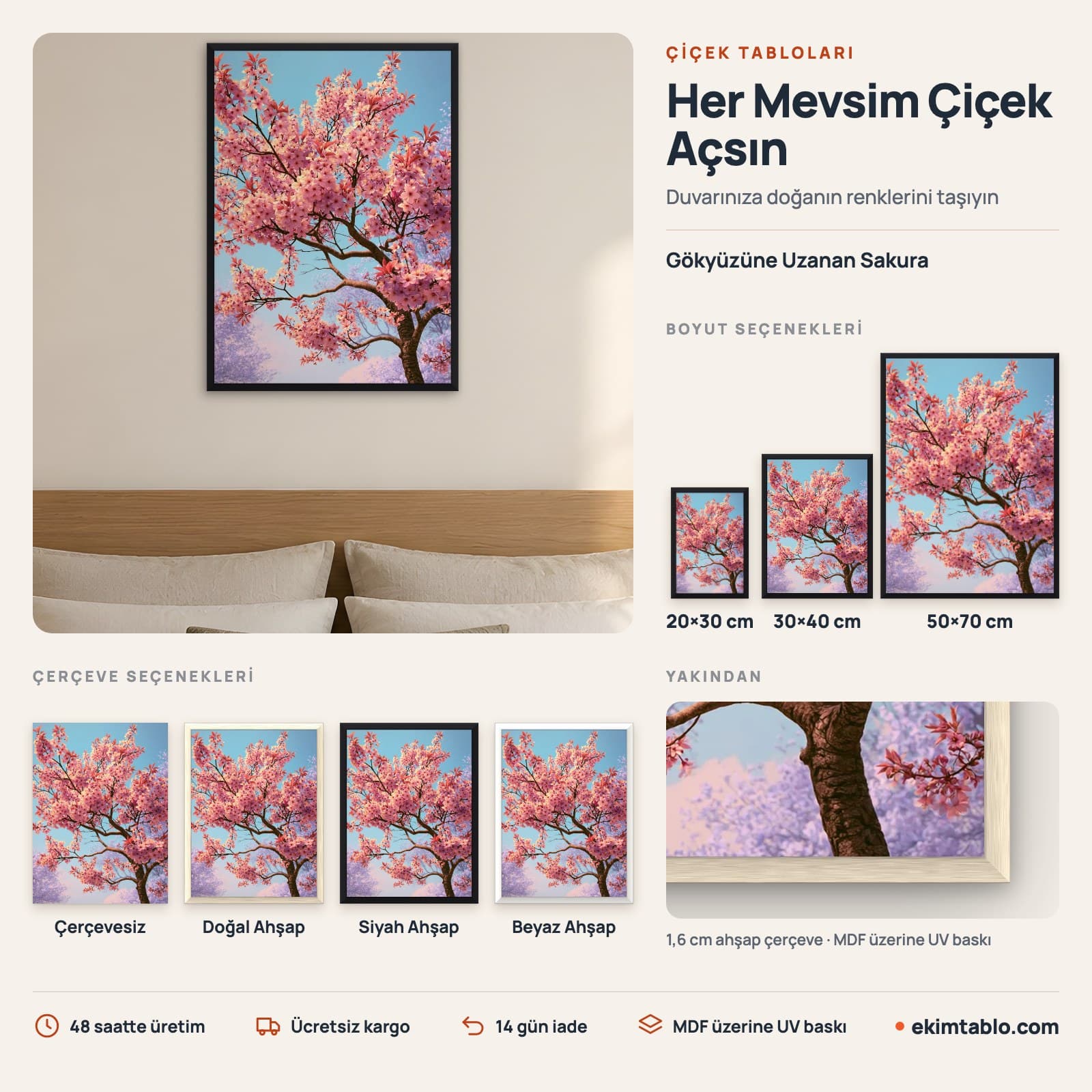 Gökyüzüne Uzanan Sakura — boyut ve çerçeve seçenekleri