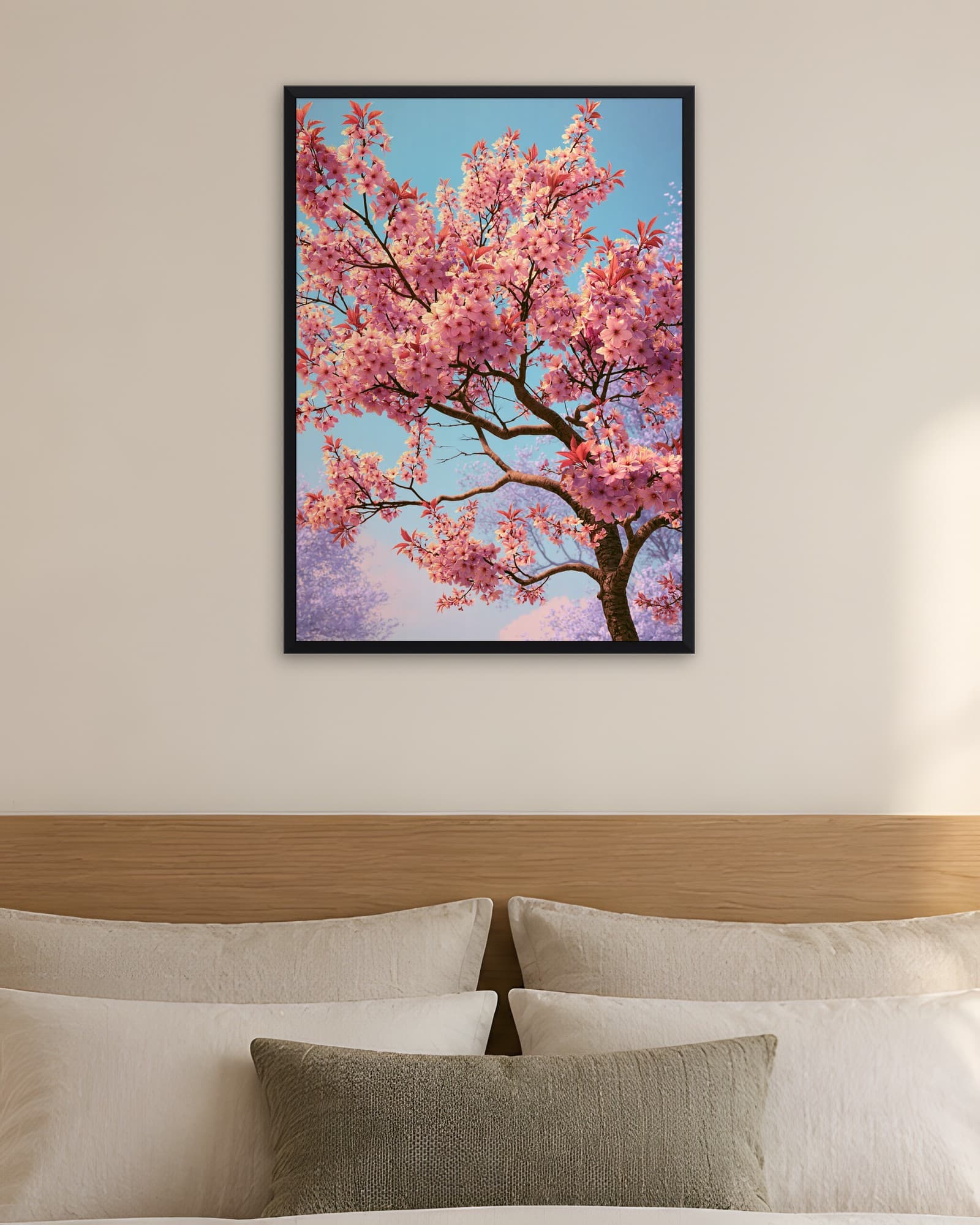 Gökyüzüne Uzanan Sakura — Çiçek Duvar Tablosu, duvarda oda görünümü