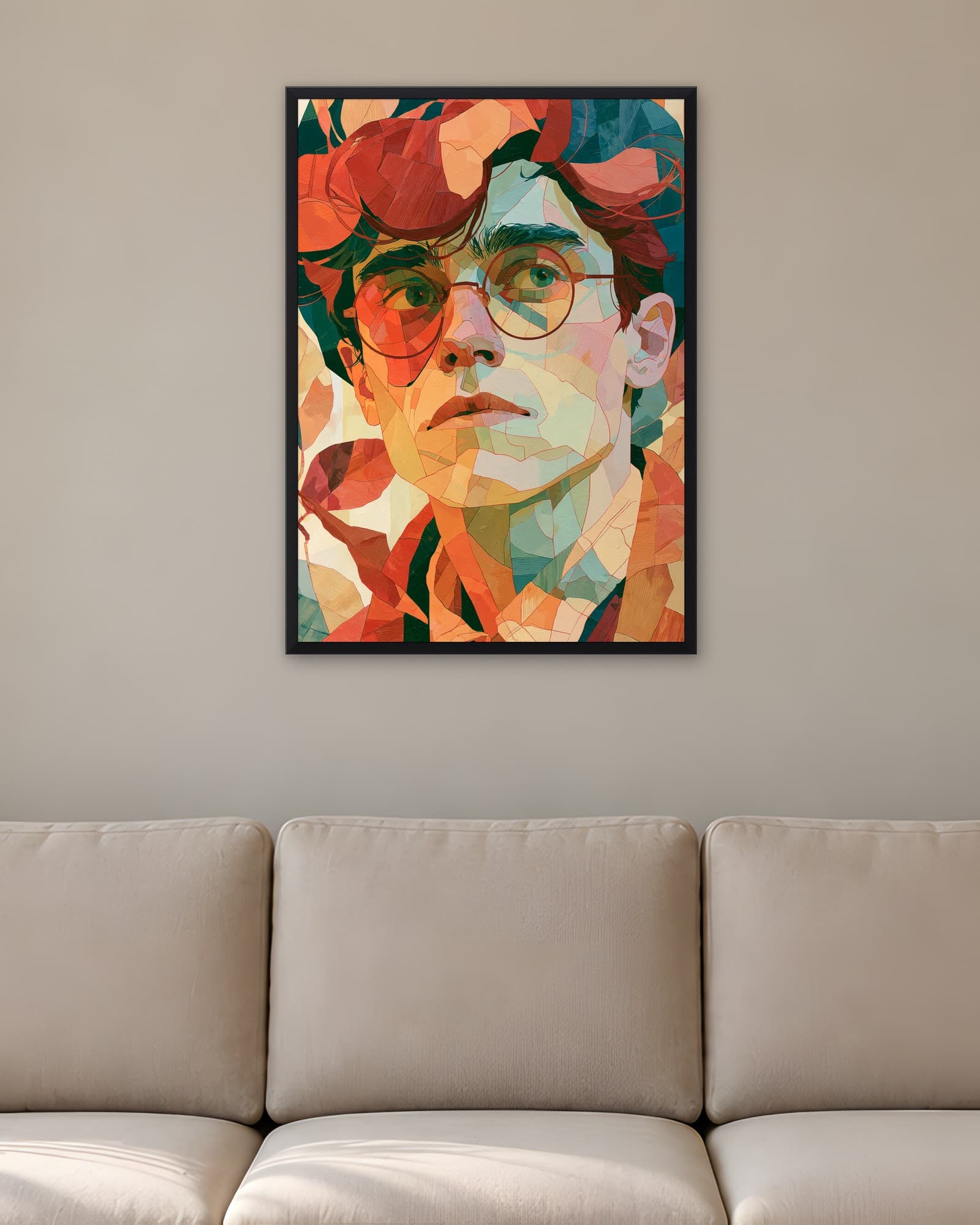 Gözlüklü Adam Kübist Portre — Modern Sanat Duvar Tablosu, duvarda oda görünümü