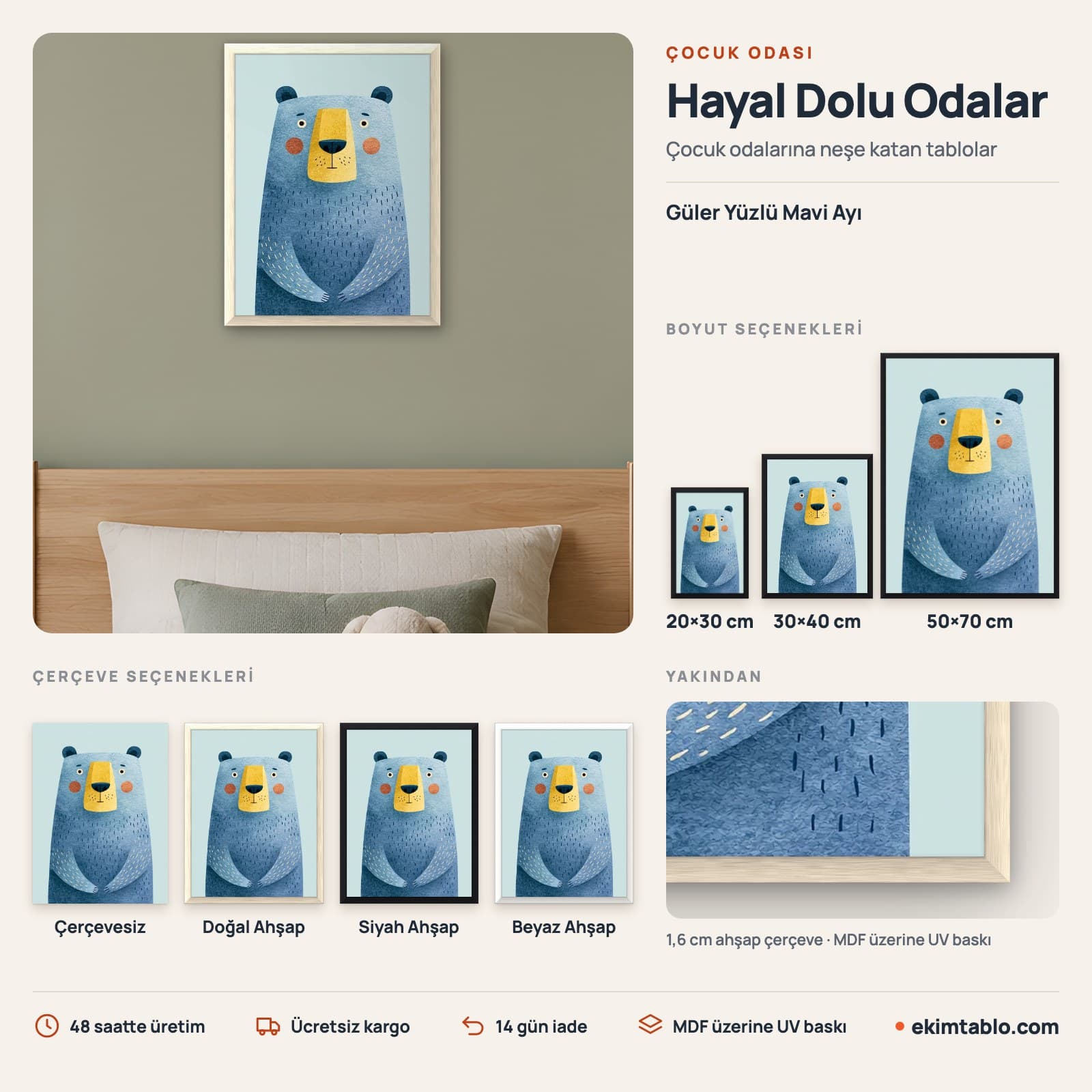 Güler Yüzlü Mavi Ayı — boyut ve çerçeve seçenekleri