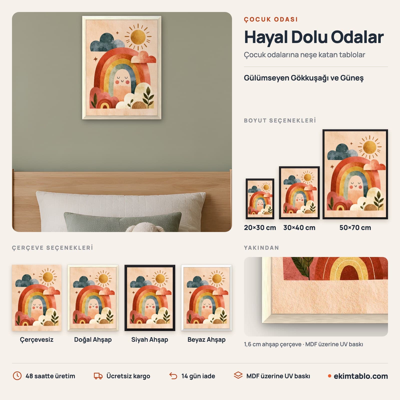 Gülümseyen Gökkuşağı ve Güneş — boyut ve çerçeve seçenekleri