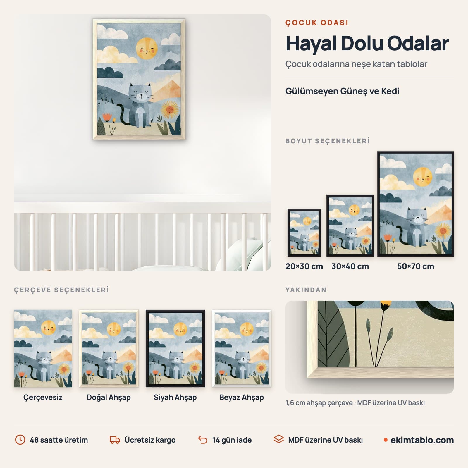 Gülümseyen Güneş ve Kedi — boyut ve çerçeve seçenekleri