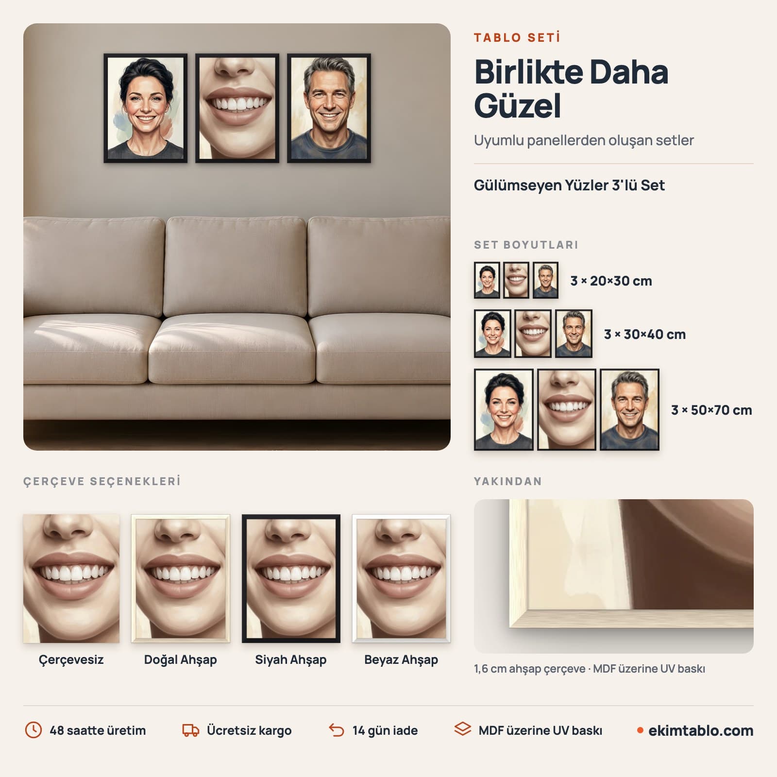 Gülümseyen Yüzler 3'lü Set — boyut ve çerçeve seçenekleri