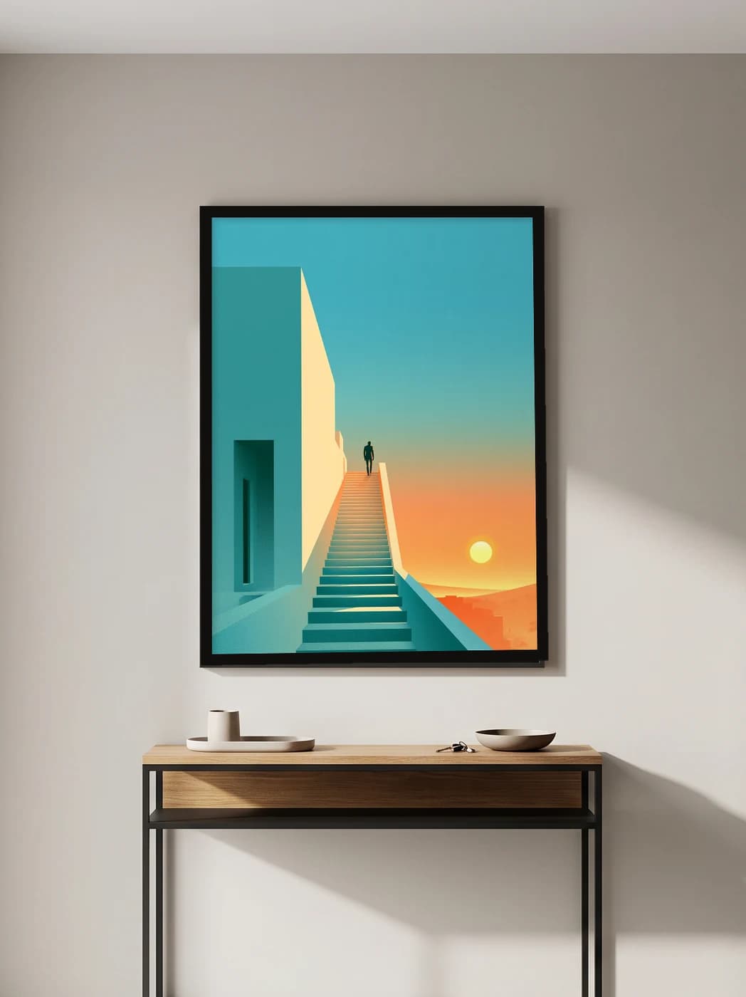 Gün Batımına Çıkan Merdiven — Minimalist Duvar Tablosu, duvarda oda görünümü