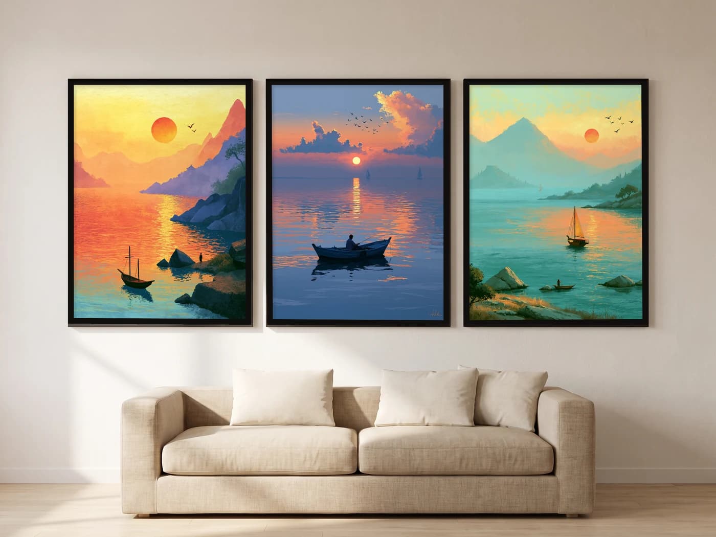 Gün Batımında Deniz 3'lü Set — Tablo Seti, duvarda oda görünümü