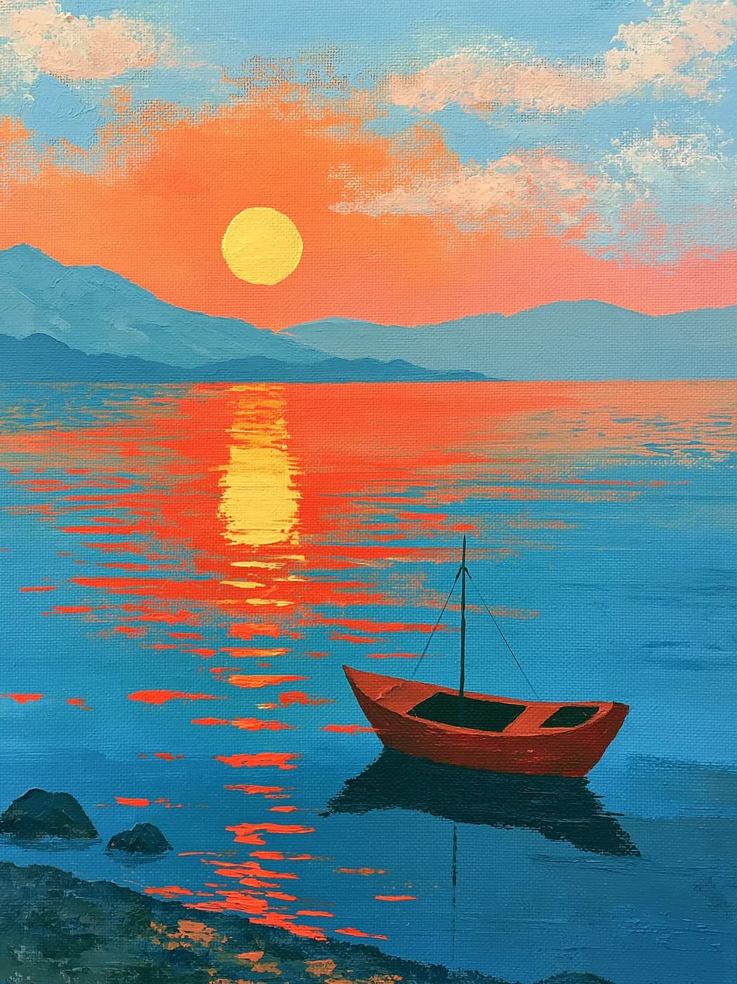 Gün Batımında Kırmızı Sandal — deniz temalı UV baskı tablo
