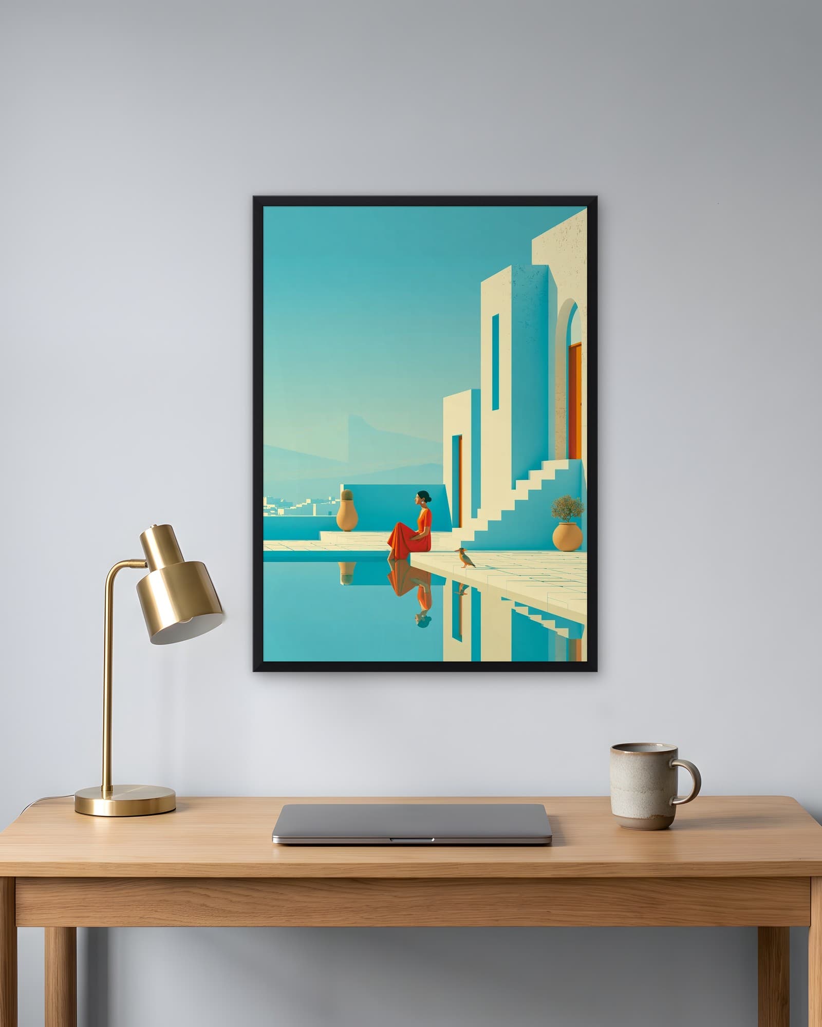 Havuz Kenarında Kırmızı Elbise — Minimalist Duvar Tablosu, duvarda oda görünümü