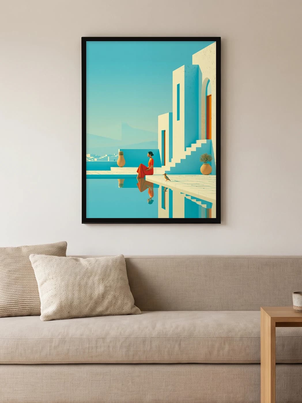 Havuz Kenarında Kırmızı Elbise — Minimalist Duvar Tablosu, duvarda oda görünümü